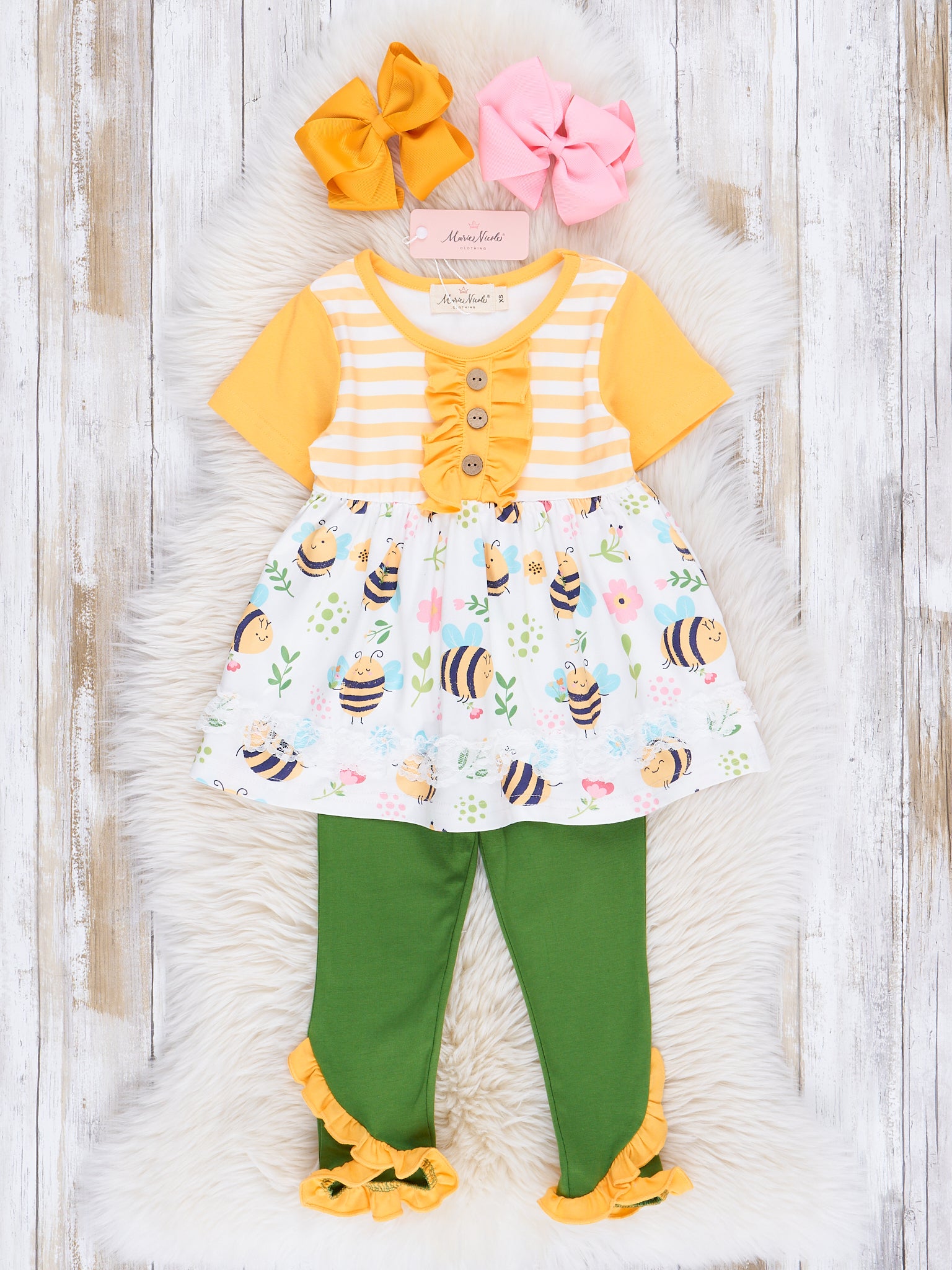 Yellow & Green Busiest Bees Ruffle Outfit - Marie Nicole Clothing
