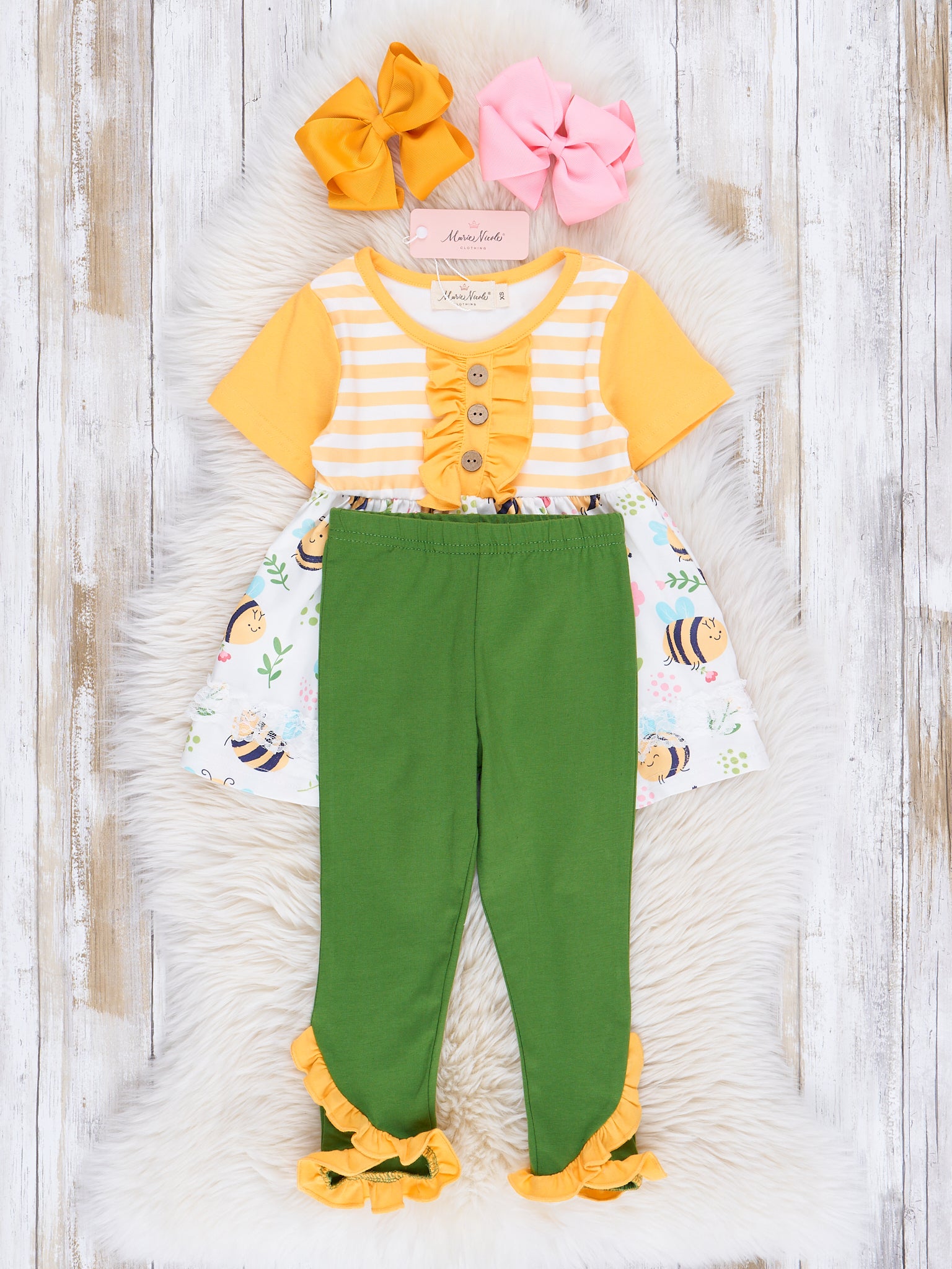Yellow & Green Busiest Bees Ruffle Outfit - Marie Nicole Clothing