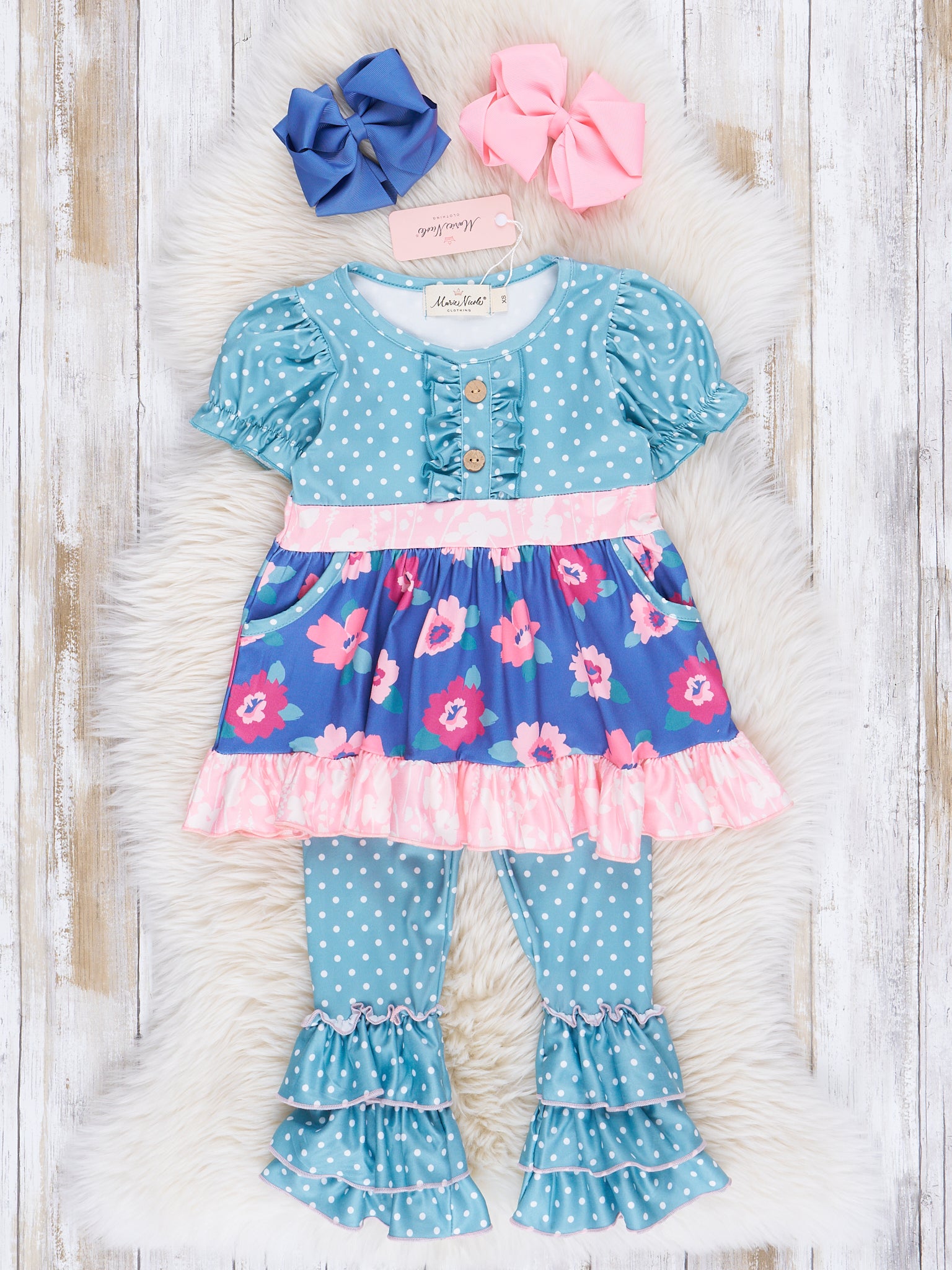 Teal Dots & Navy Florals Ruffle Outfit - Marie Nicole Clothing