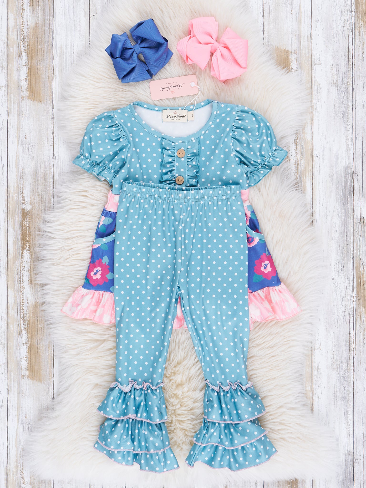 Teal Dots & Navy Florals Ruffle Outfit - Marie Nicole Clothing