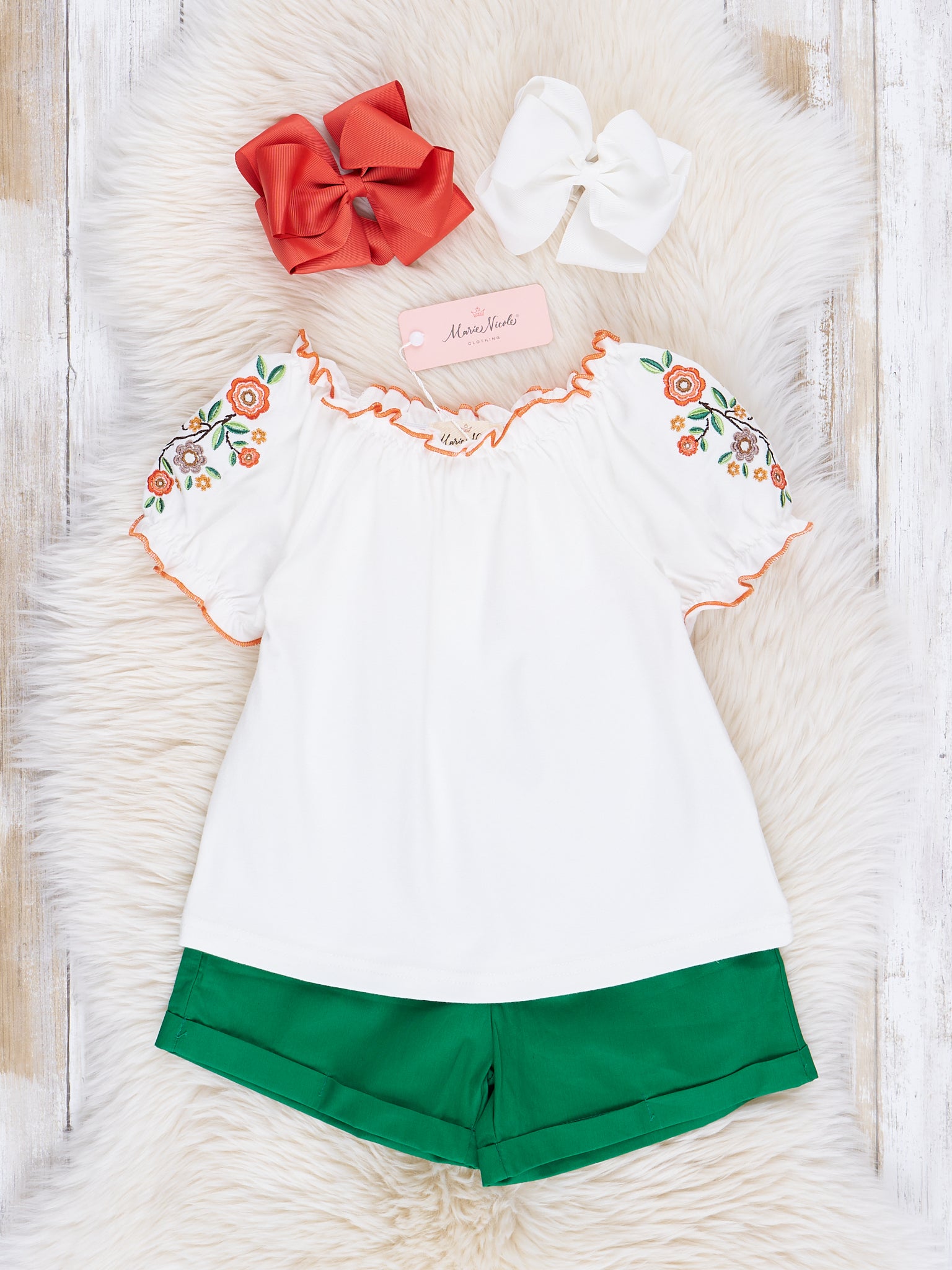 Green Embroidered Florals Shorts Outfit - Marie Nicole Clothing