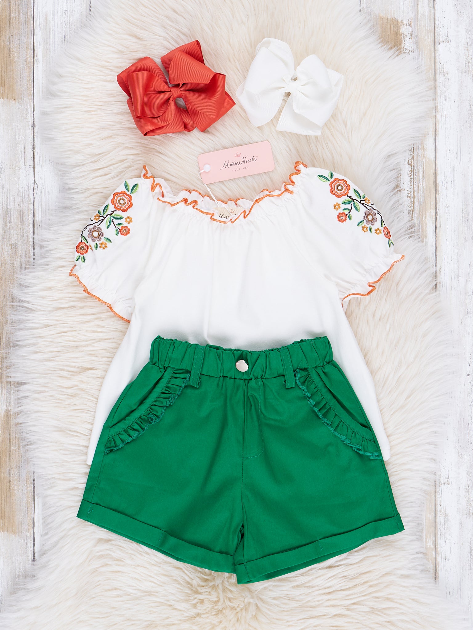 Green Embroidered Florals Shorts Outfit - Marie Nicole Clothing
