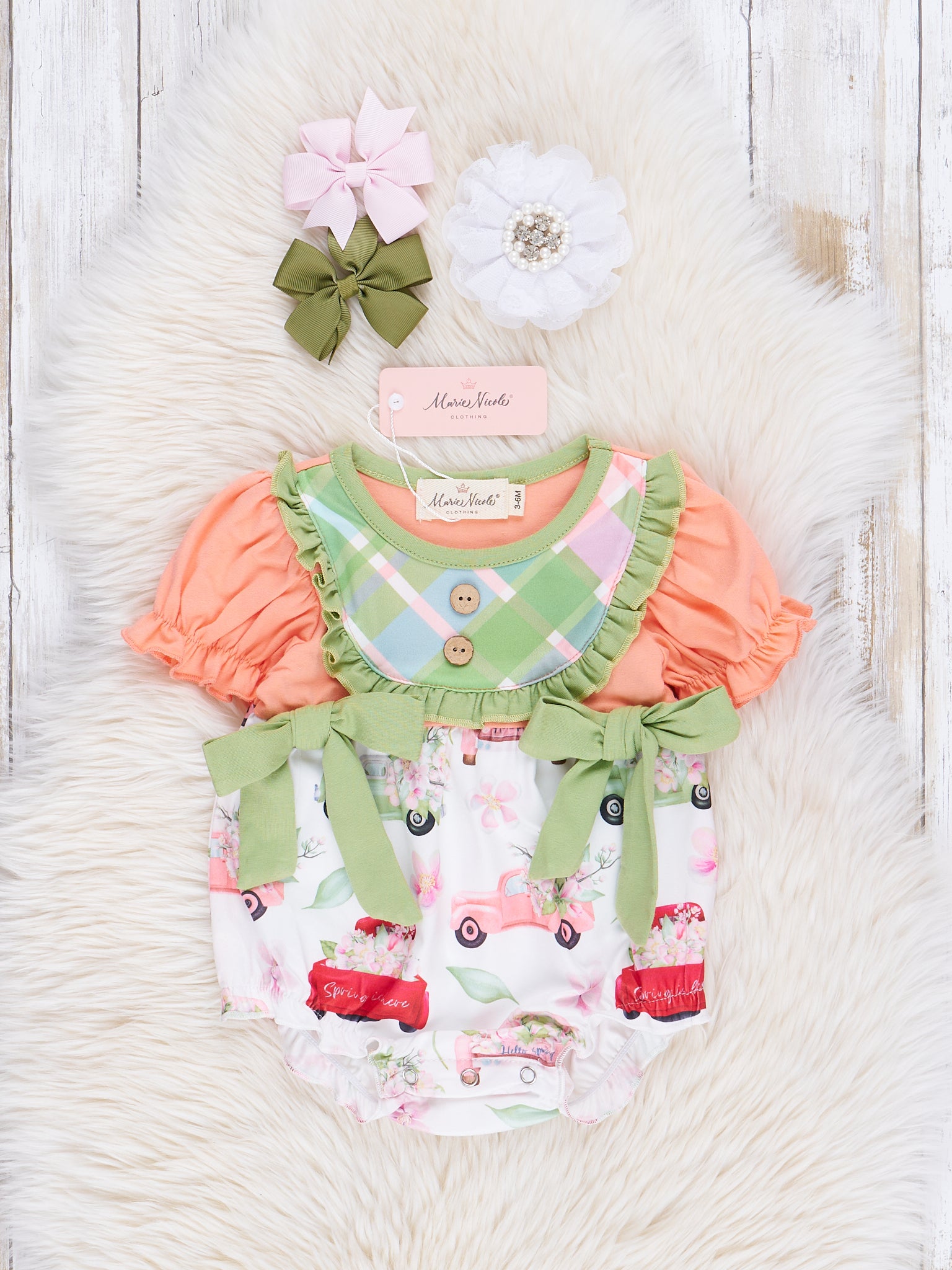 Orange & Green Plaid Truck Ruffle Bubble Romper - Marie Nicole Clothing