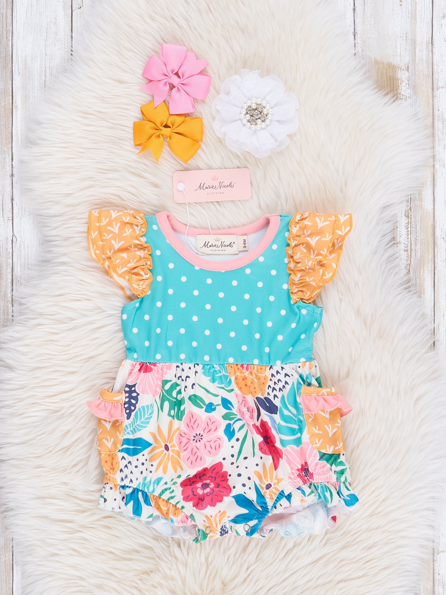 Wildflowers & Teal Dots Ruffle Bubble Romper - Marie Nicole Clothing