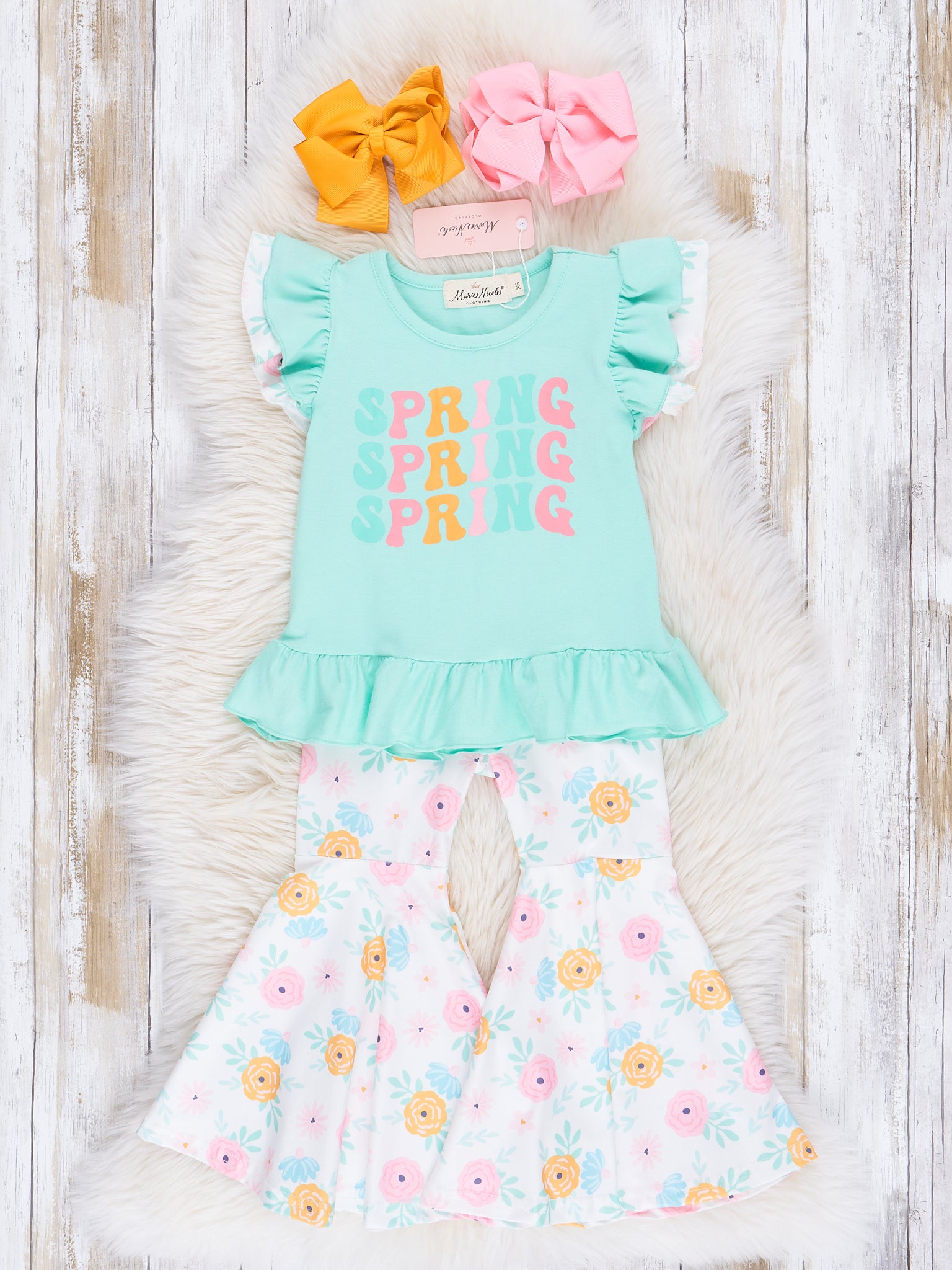 Teal Spring Floral Bell Bottom Outfit - Marie Nicole Clothing