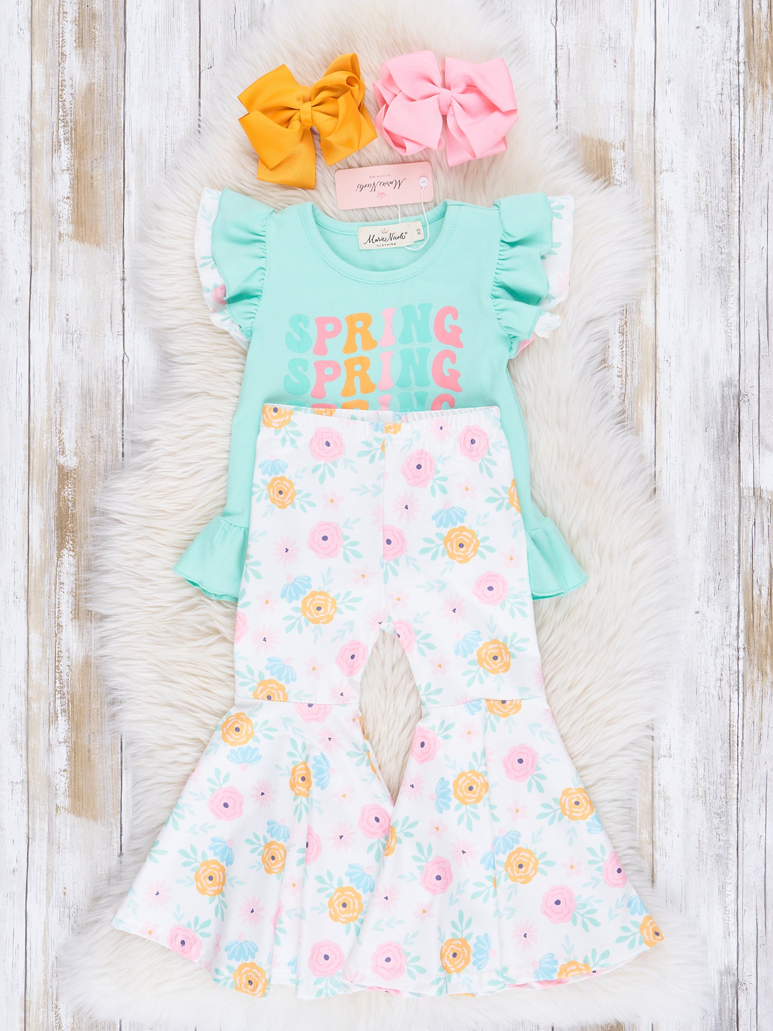 Teal Spring Floral Bell Bottom Outfit - Marie Nicole Clothing