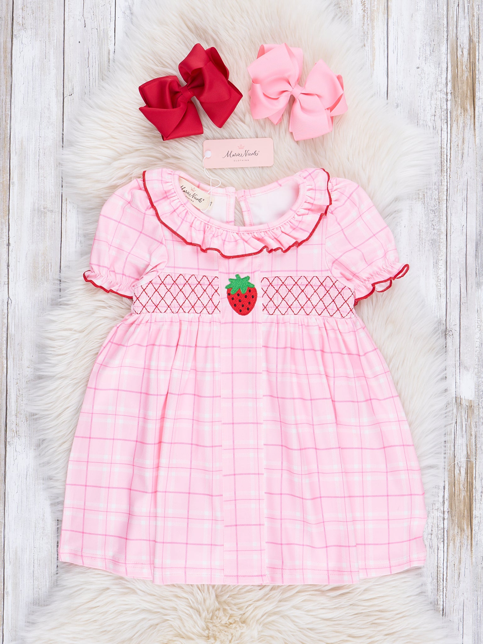 Pink Plaid Smocked Strawberry Dress - Marie Nicole Clothing