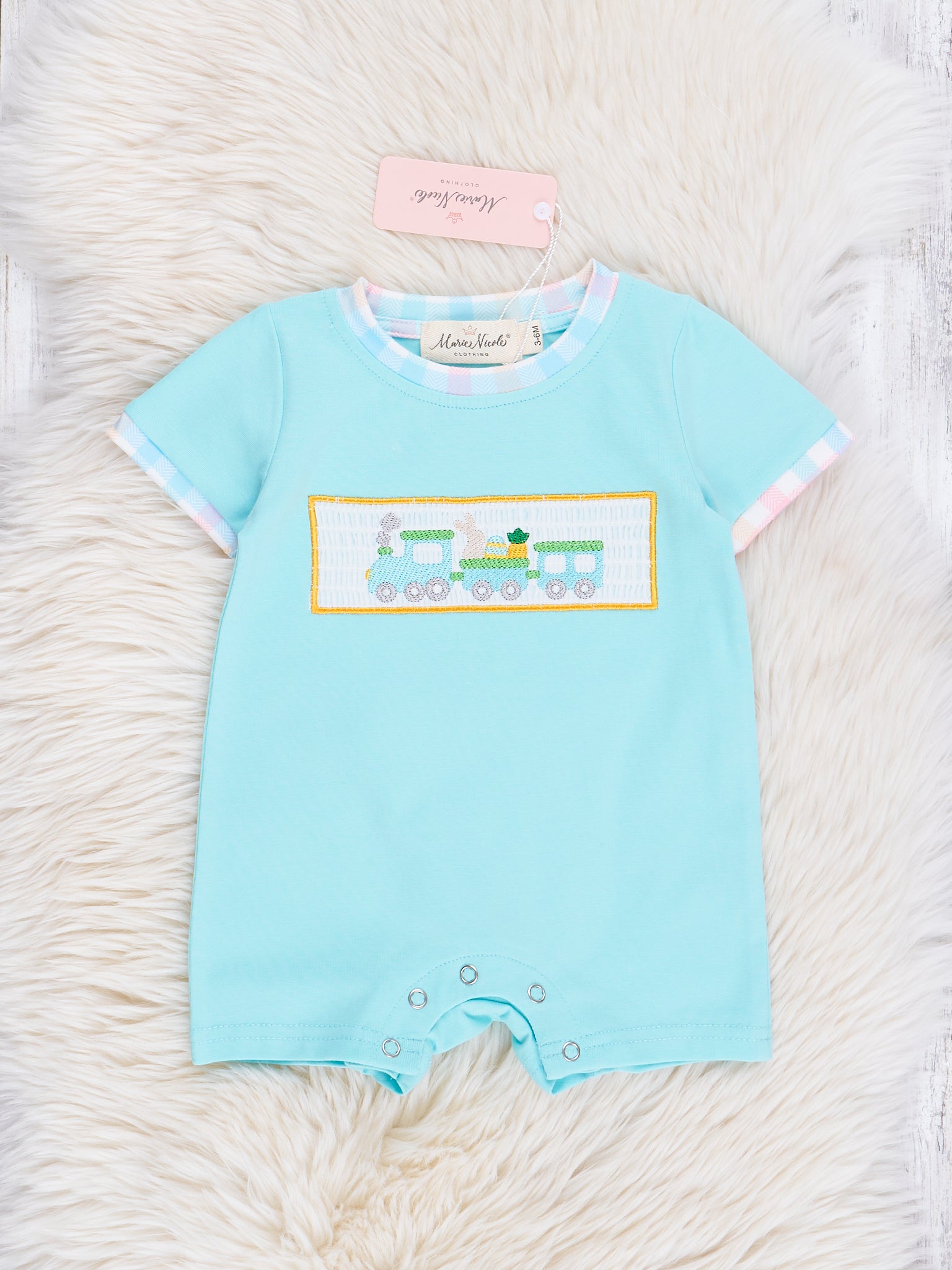 Blue Plaid Smocked Easter Train Romper - Marie Nicole Clothing