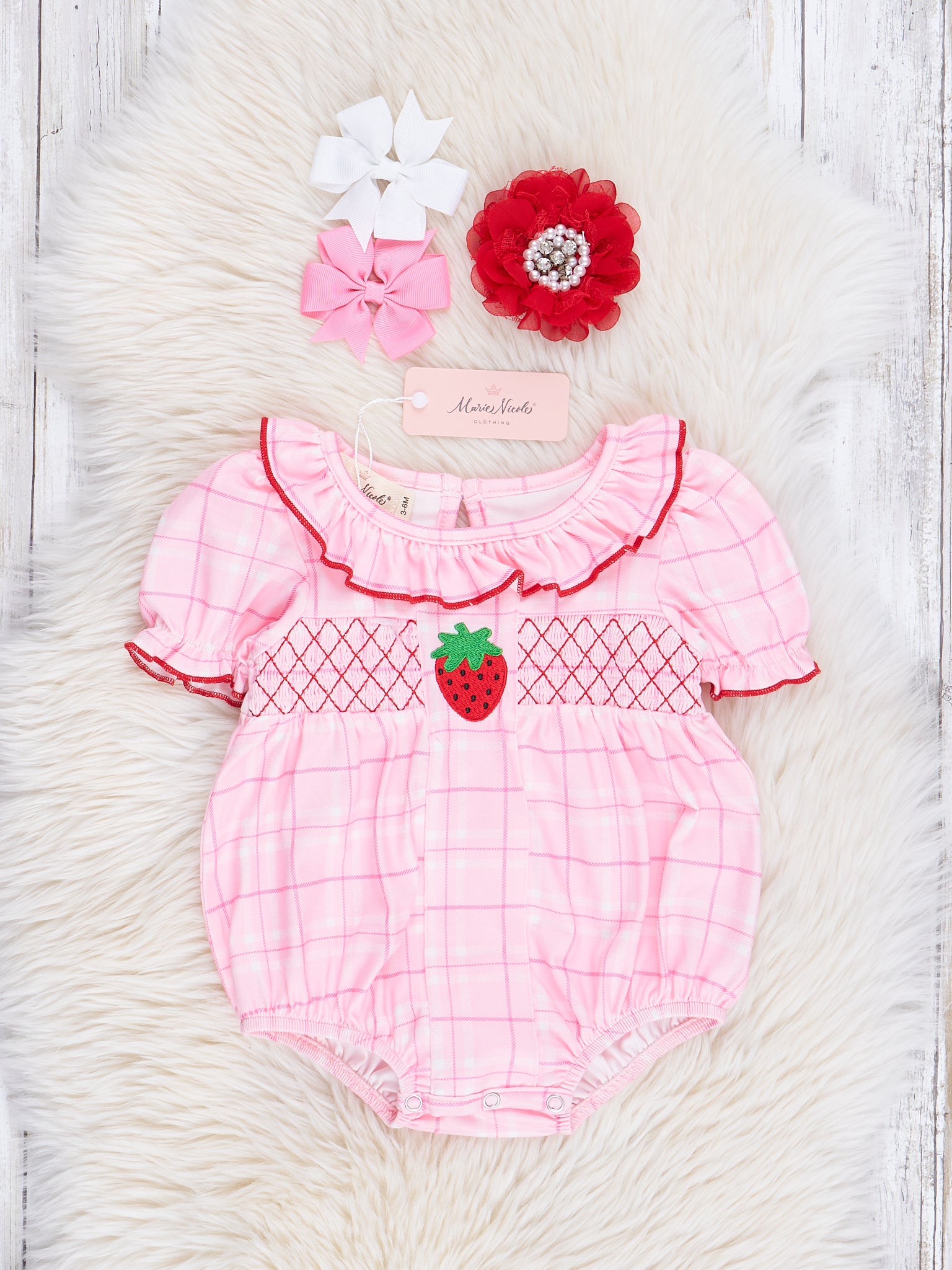 Pink Plaid Smocked Strawberry Bubble Romper - Marie Nicole Clothing