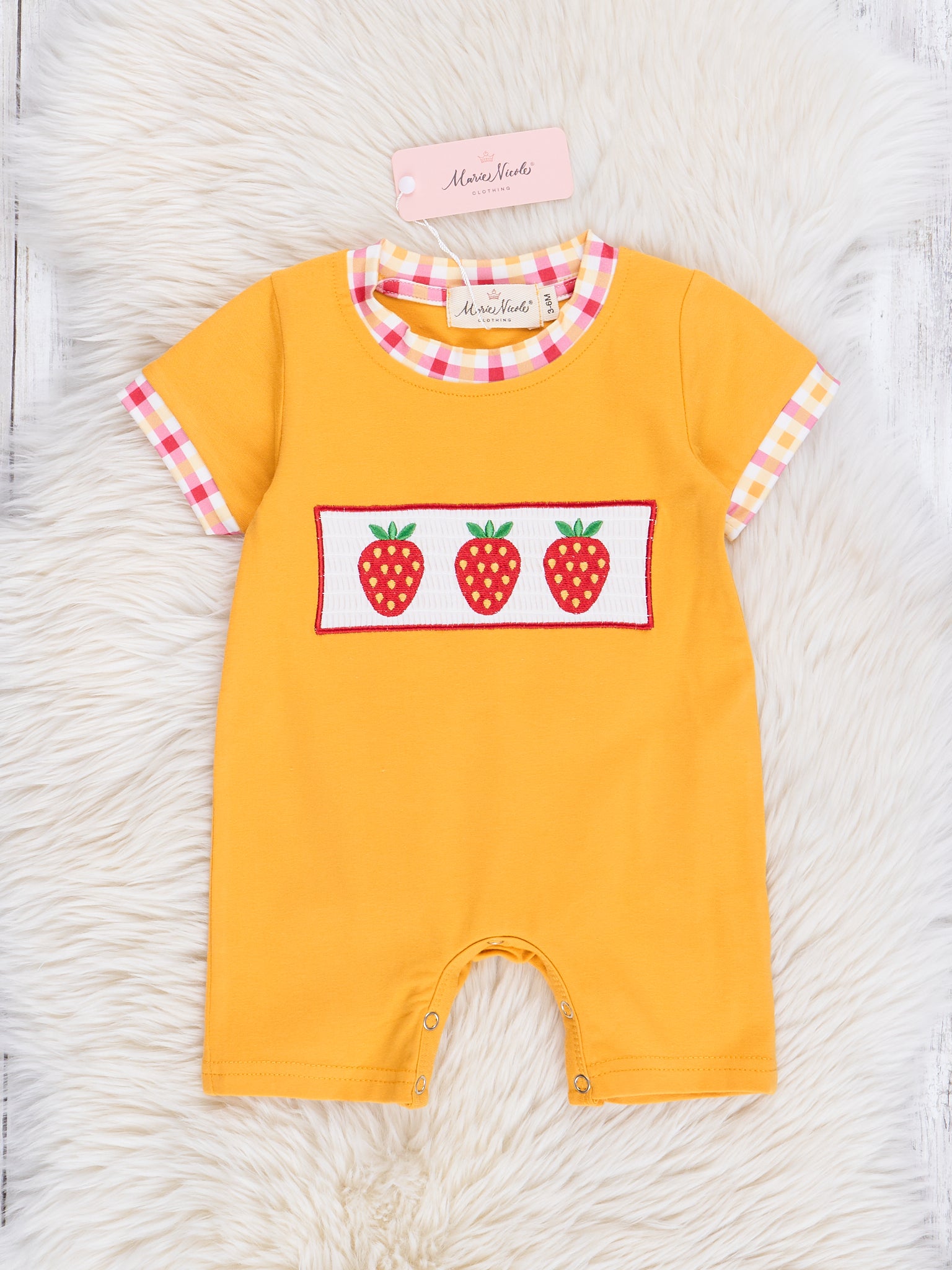 Golden Smocked Strawberries Romper - Marie Nicole Clothing