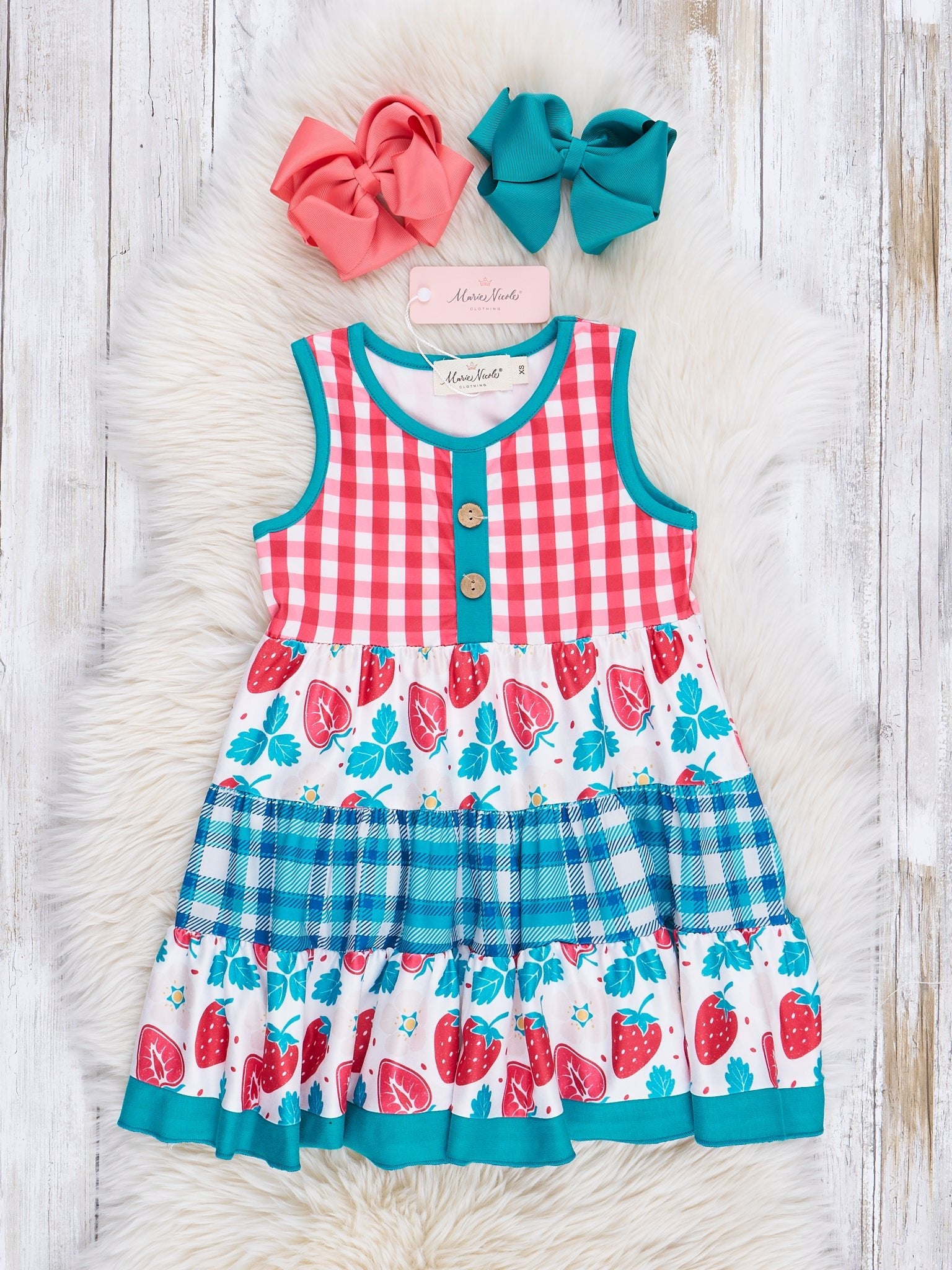 Turquoise & Strawberries Ruffle Dress - Marie Nicole Clothing