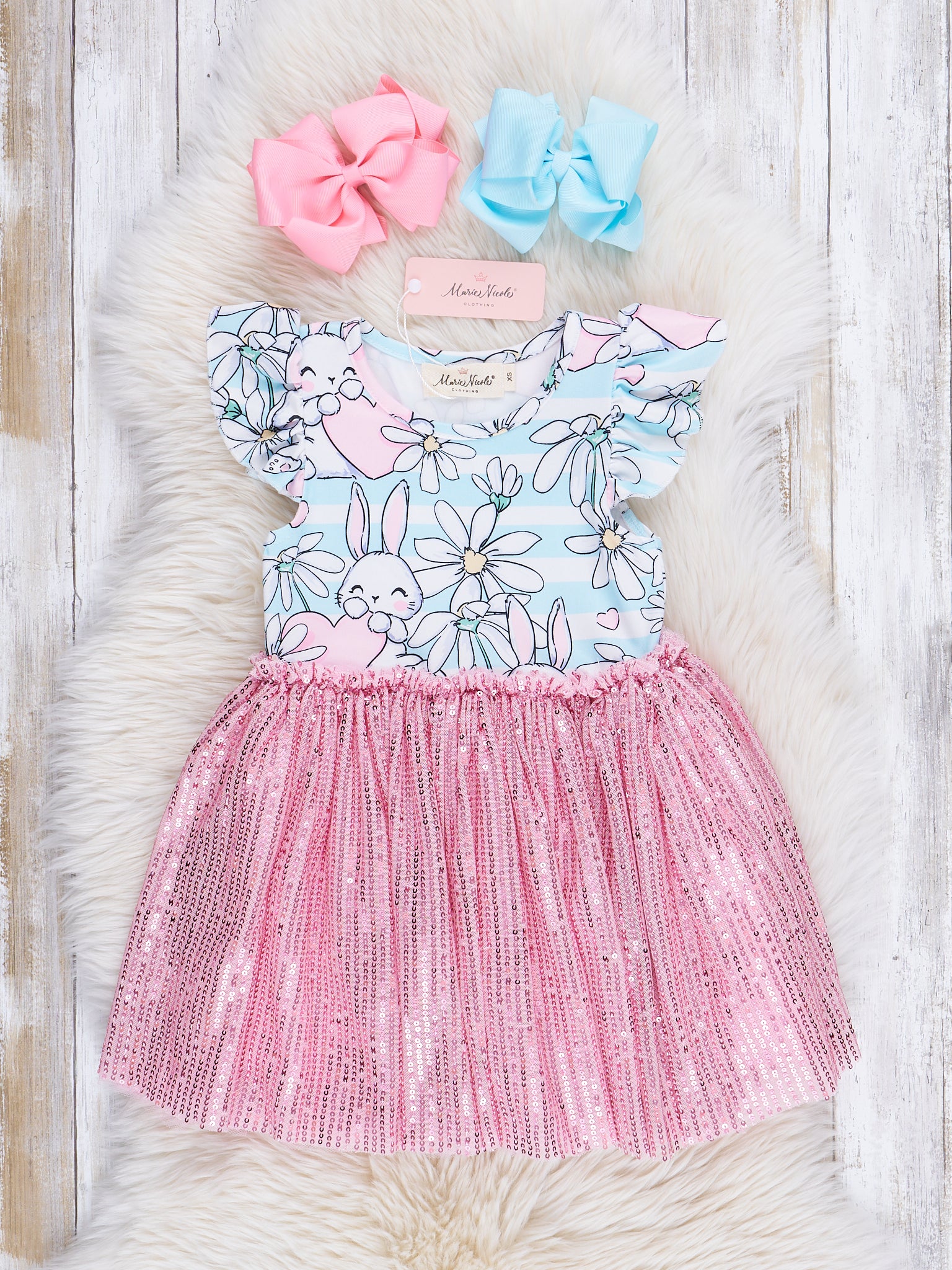Pink & Blue Bunny Stripes Sparkle Dress - Marie Nicole Clothing