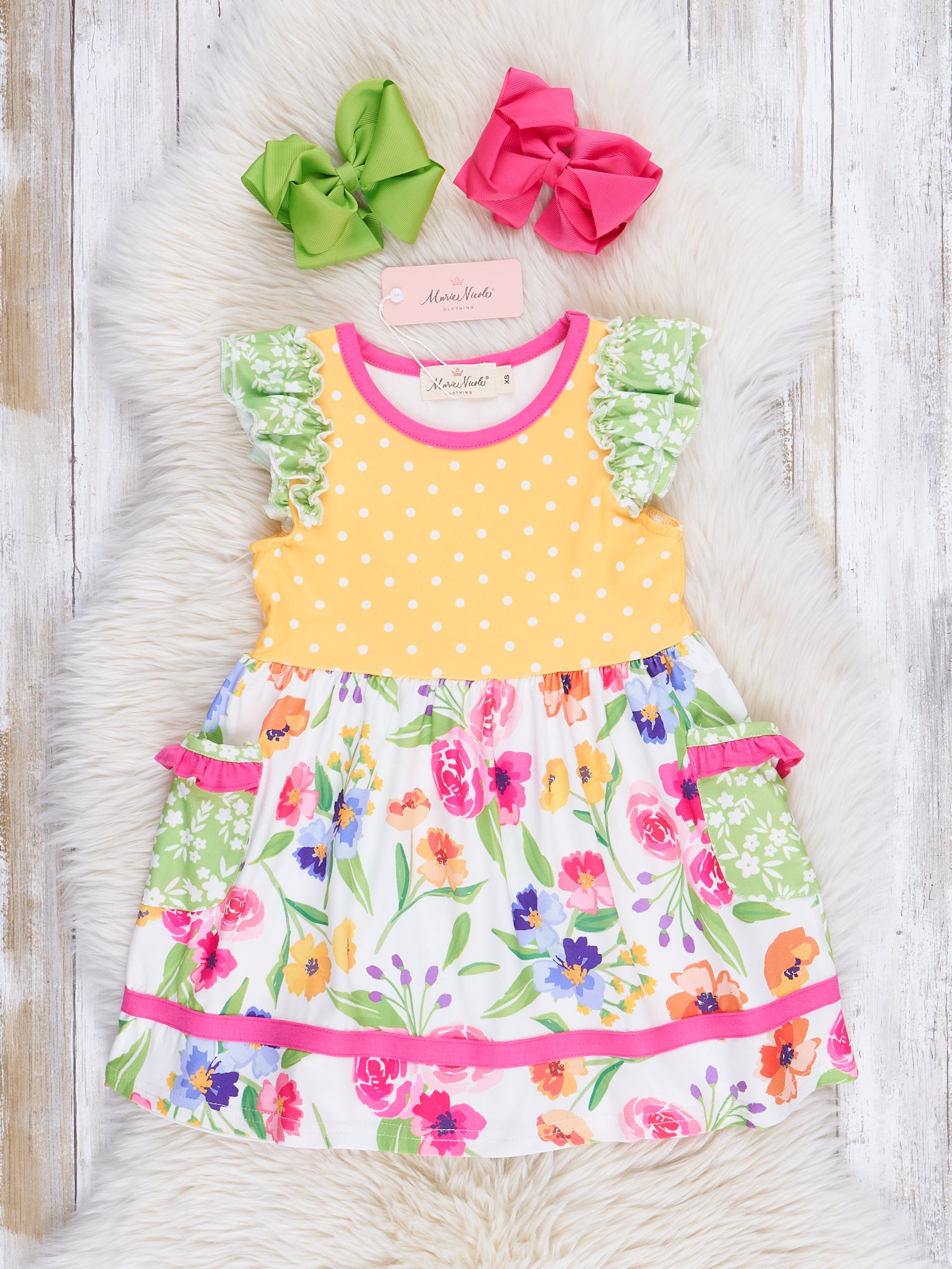 Wildflowers & Yellow Dots Ruffle Dress - Marie Nicole Clothing