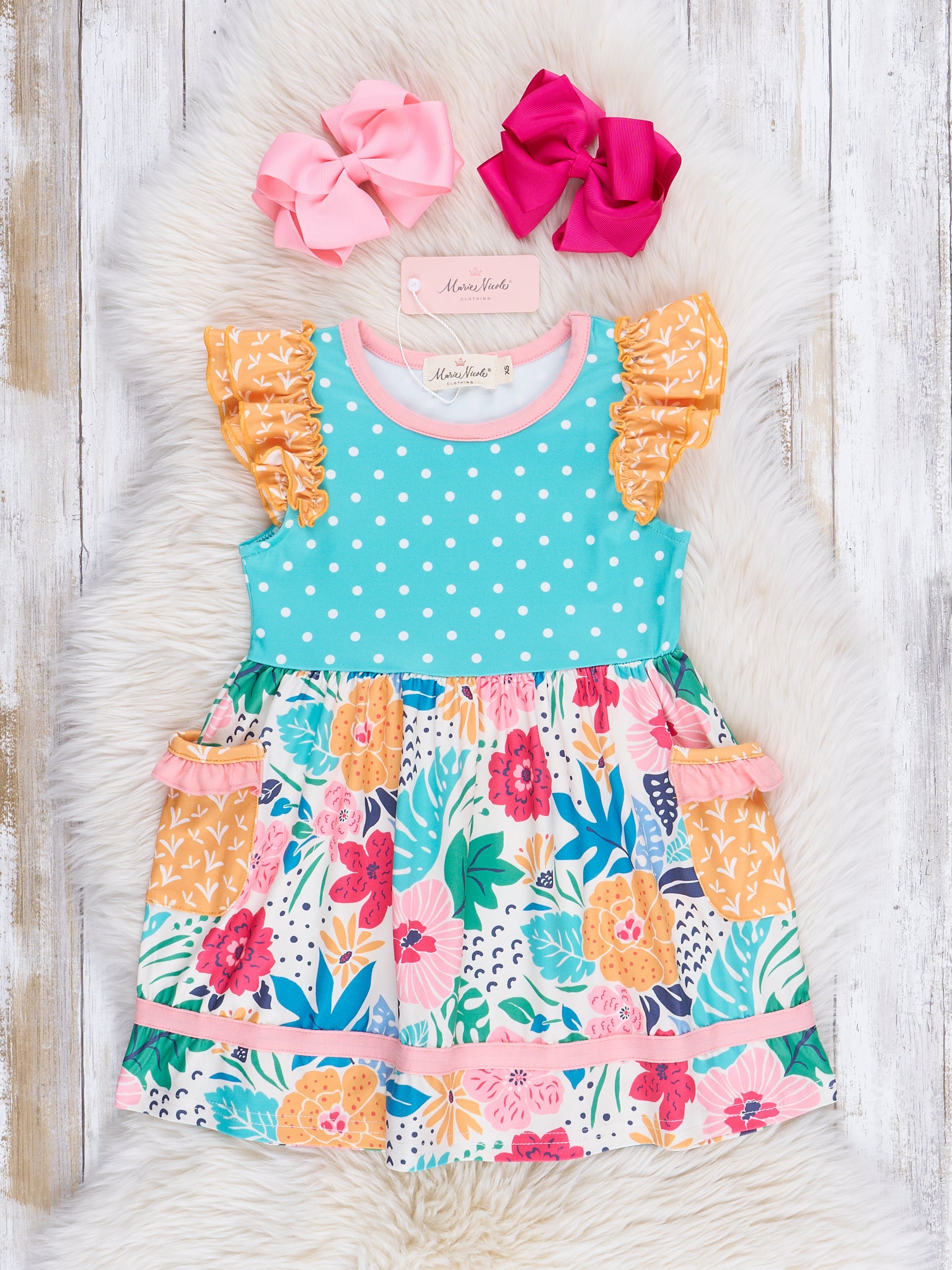 Wildflowers & Teal Dots Ruffle Dress - Marie Nicole Clothing