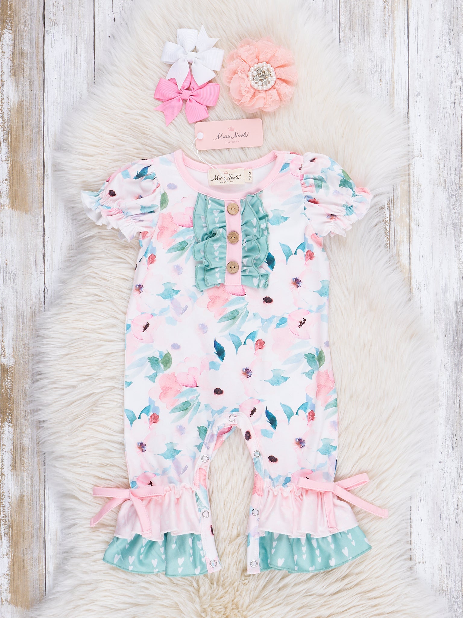 Soft Peach & Green Florals Ruffle Romper - Marie Nicole Clothing