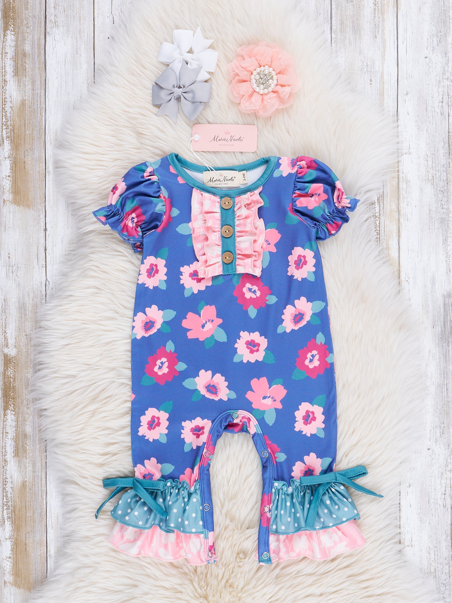 Teal Dots & Navy Florals Ruffle Romper - Marie Nicole Clothing