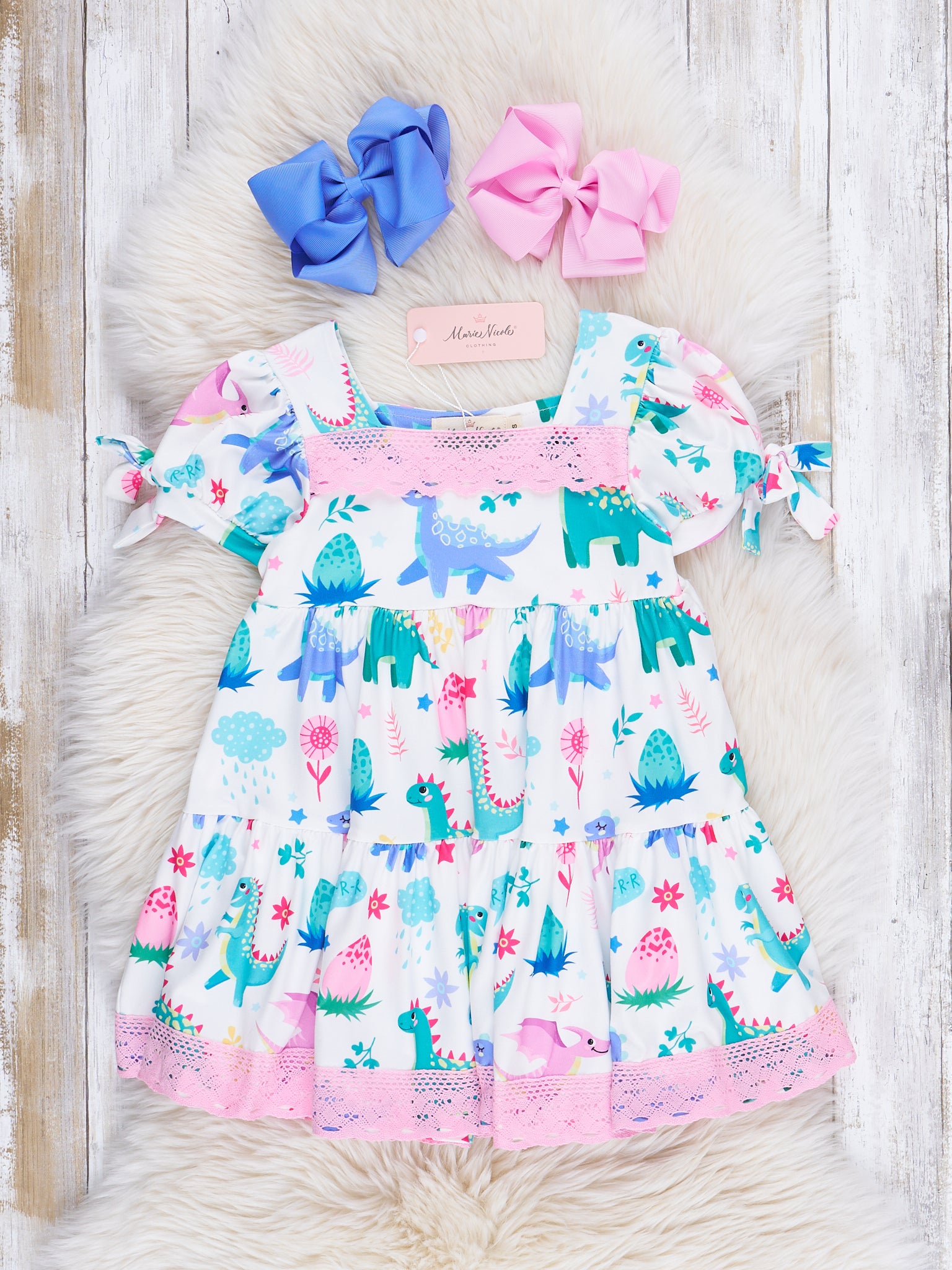 Pink Lace Watercolor Dinosaur Ruffle Dress - Marie Nicole Clothing