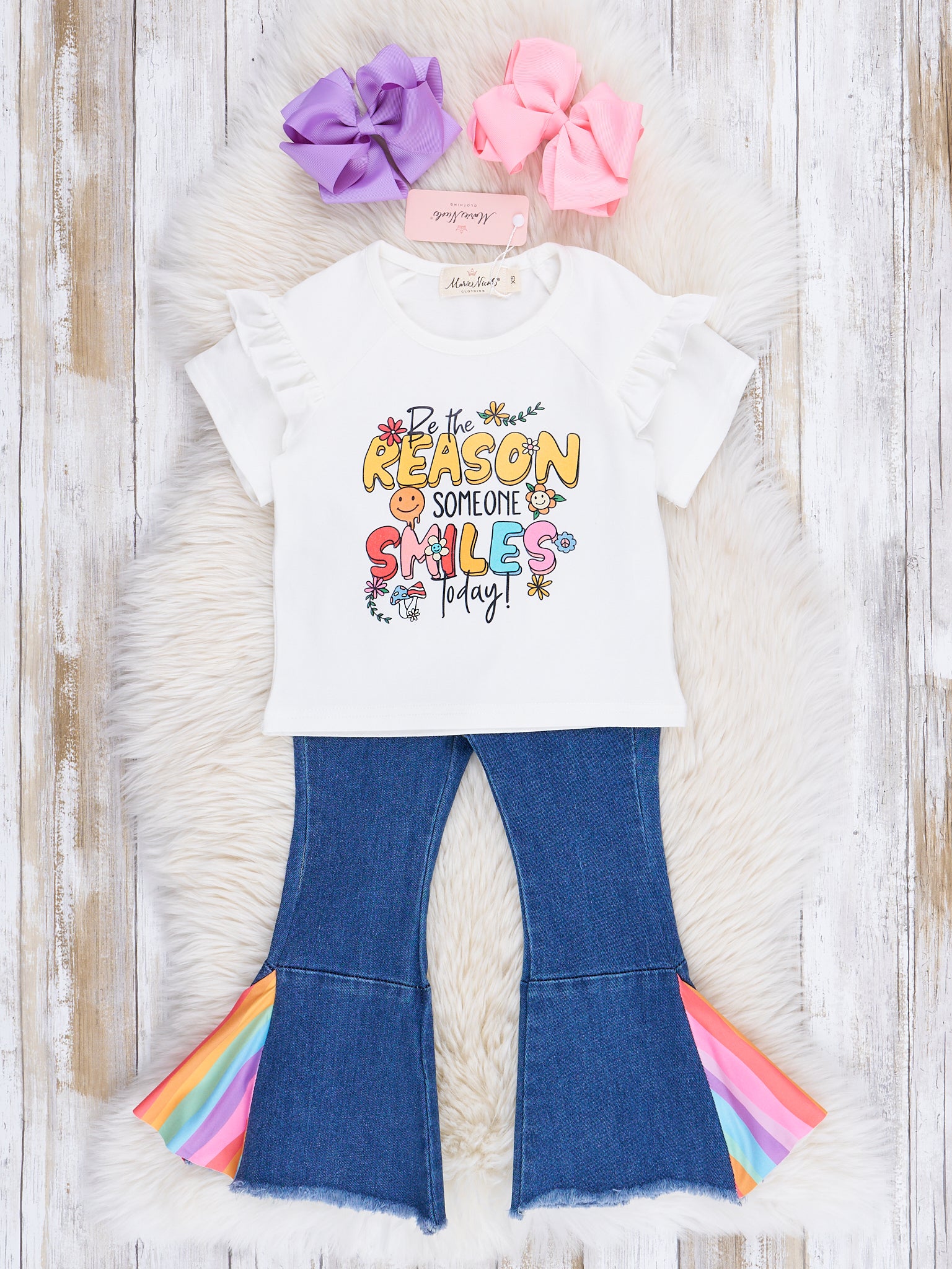 Rainbow Smiles Denim Bell Bottom Outfit - Marie Nicole Clothing