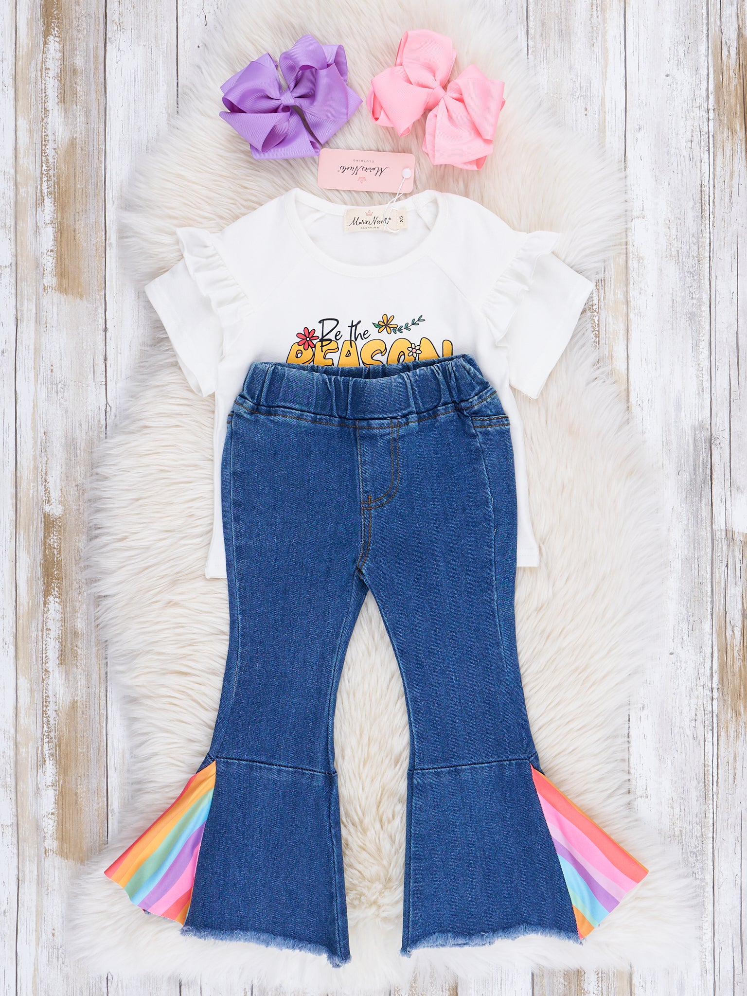 Rainbow Smiles Denim Bell Bottom Outfit - Marie Nicole Clothing