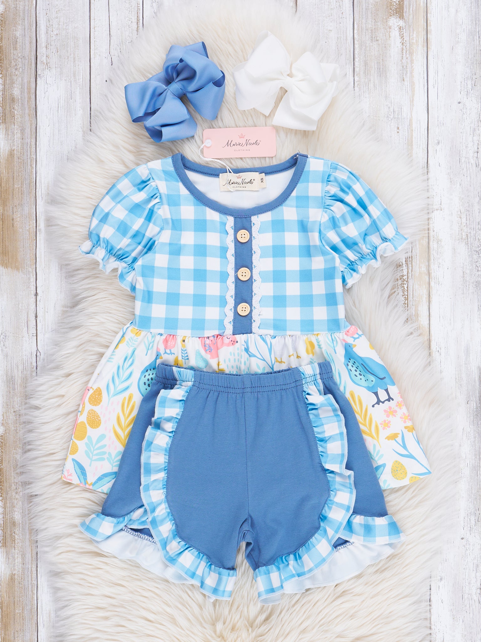 Blue Gingham Garden Ruffle Outfit - Marie Nicole Clothing