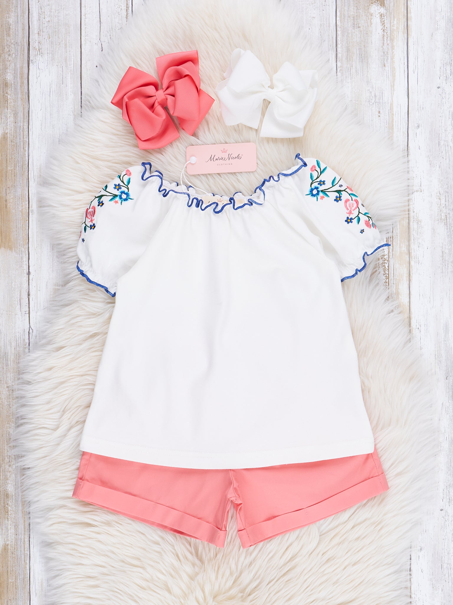 Coral Embroidered Florals Shorts Outfit - Marie Nicole Clothing