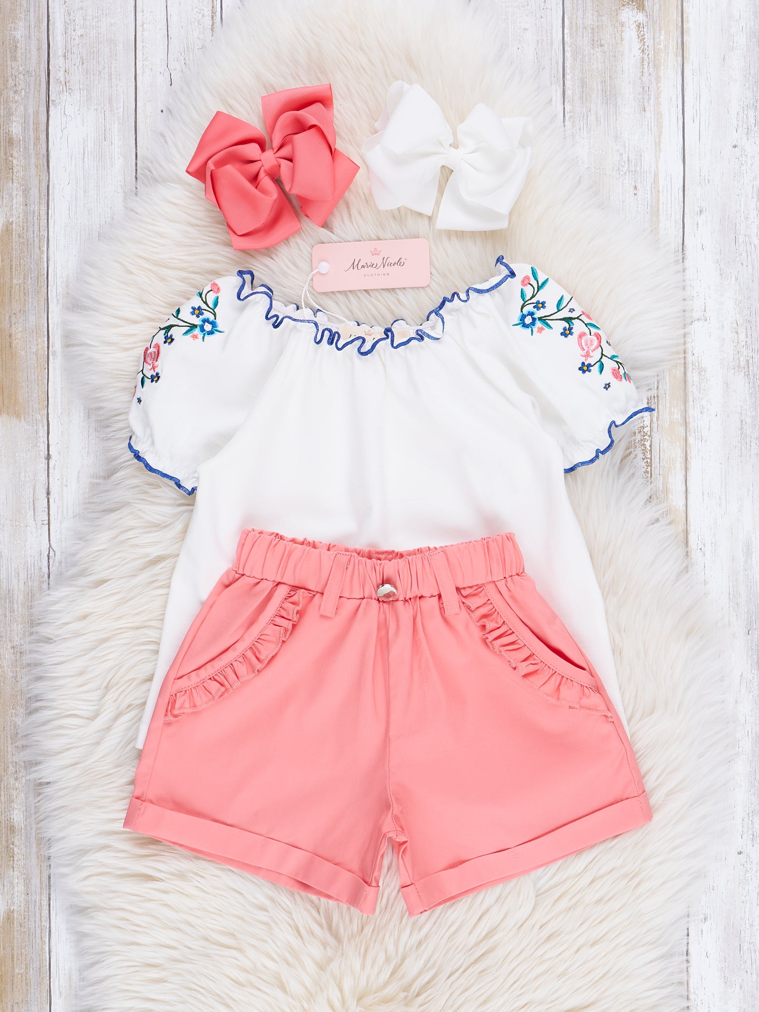 Coral Embroidered Florals Shorts Outfit - Marie Nicole Clothing