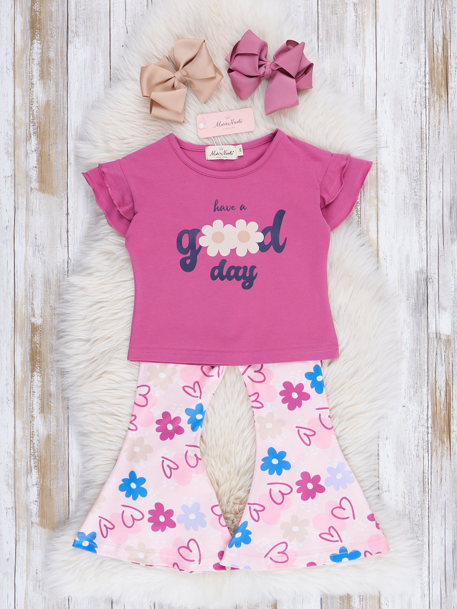 Magenta Flowers Good Day Bell Bottoms Outfit - Marie Nicole Clothing