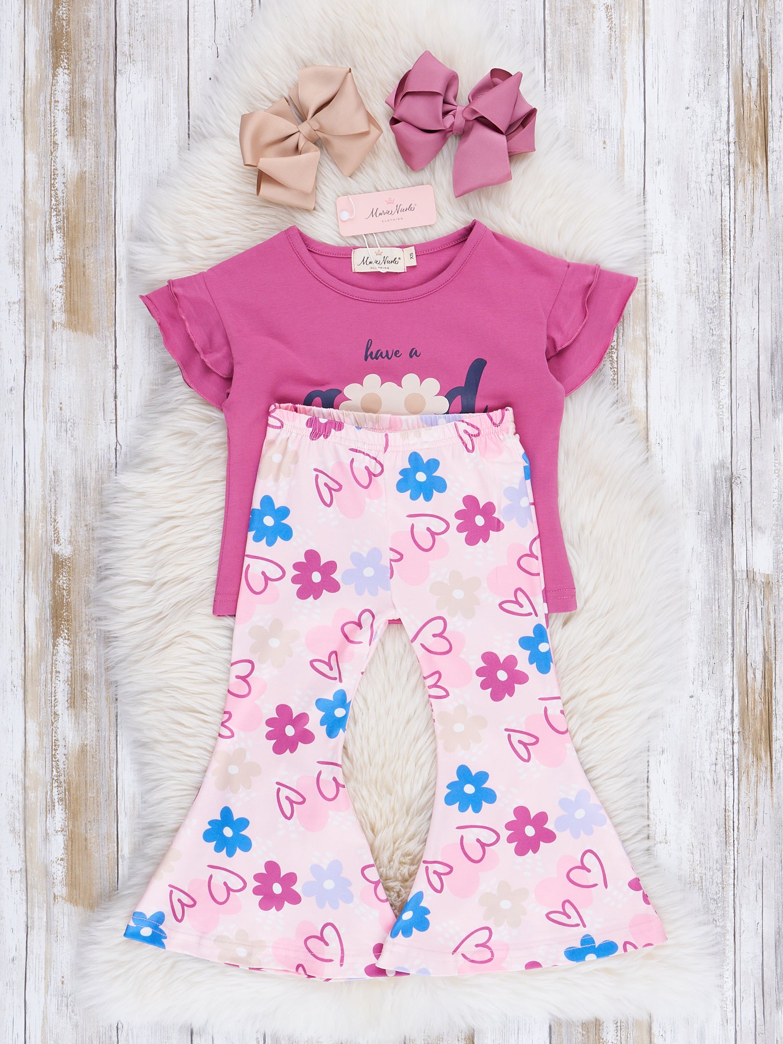 Magenta Flowers Good Day Bell Bottoms Outfit - Marie Nicole Clothing