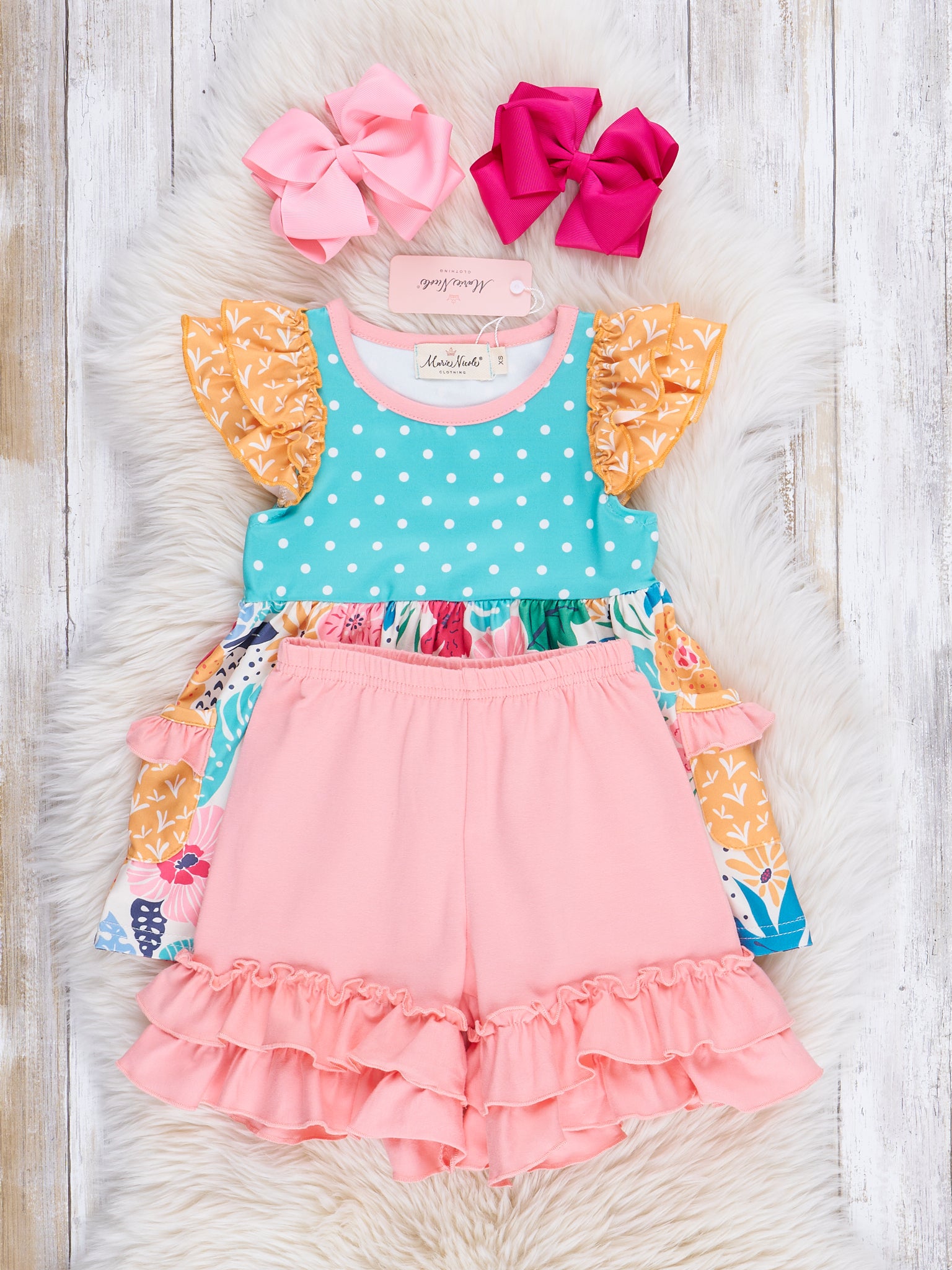 Wildflowers & Teal Dots Ruffle Shorts Outfit - Marie Nicole Clothing
