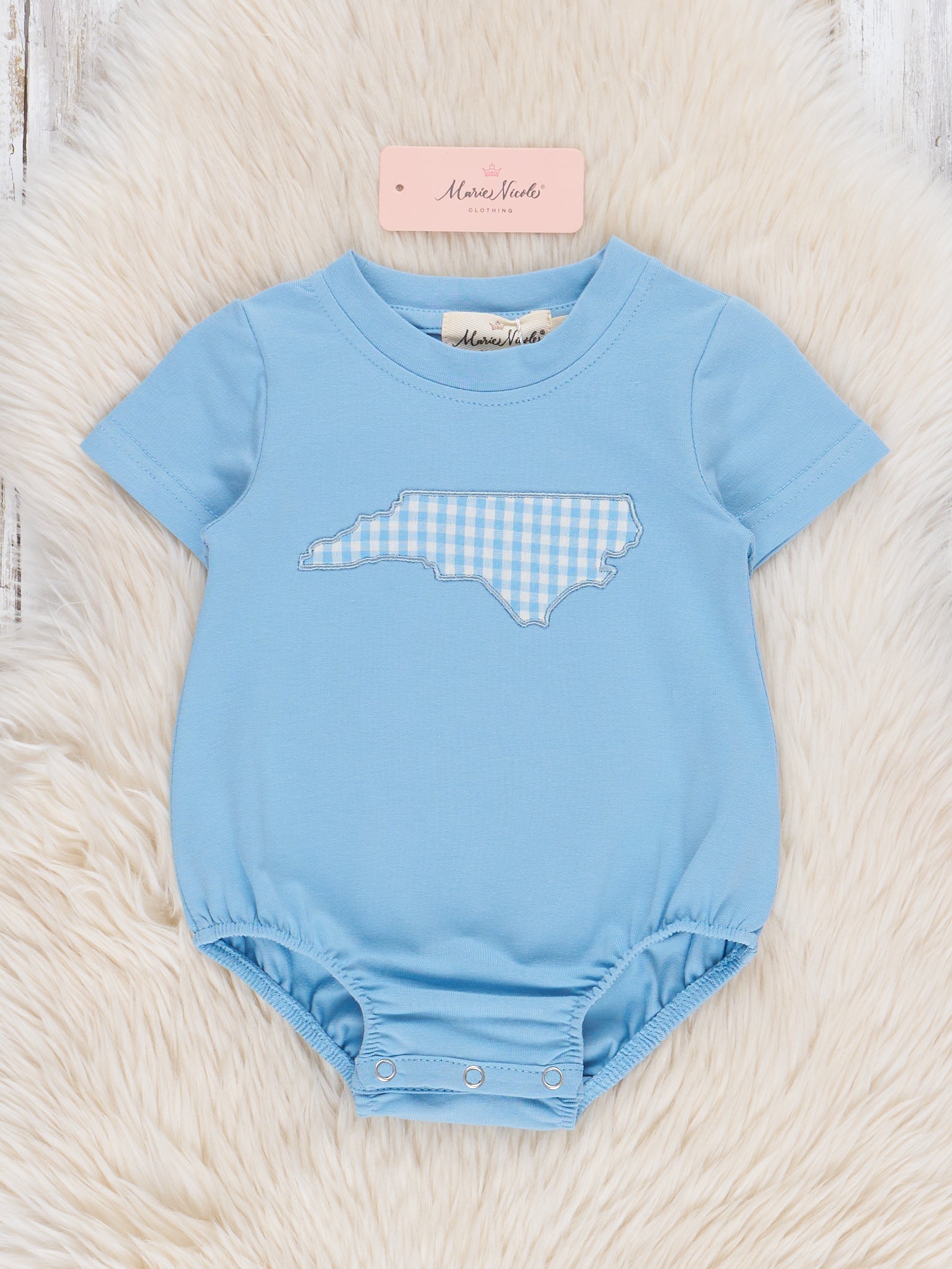North Carolina Embroidered Gingham Bubble Romper - Marie Nicole Clothing