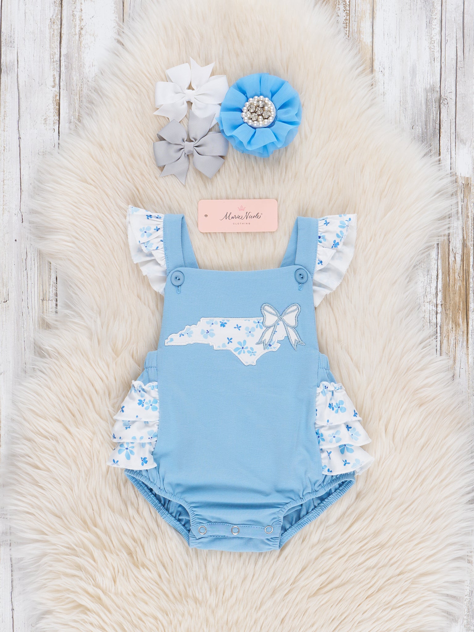 North Carolina Embroidered Floral Ruffle Bubble Romper - Marie Nicole Clothing