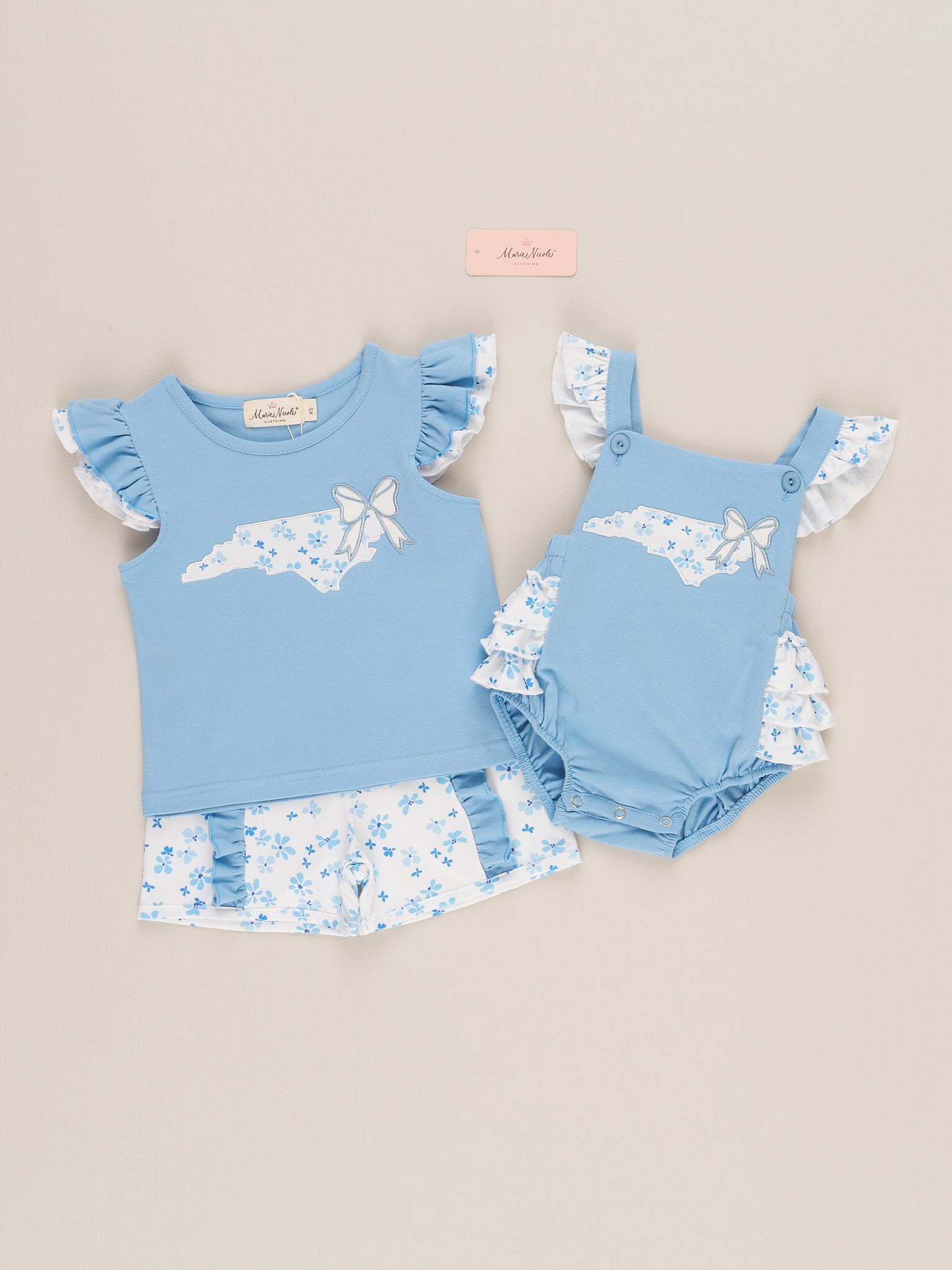 North Carolina Embroidered Floral Ruffle Bubble Romper - Marie Nicole Clothing