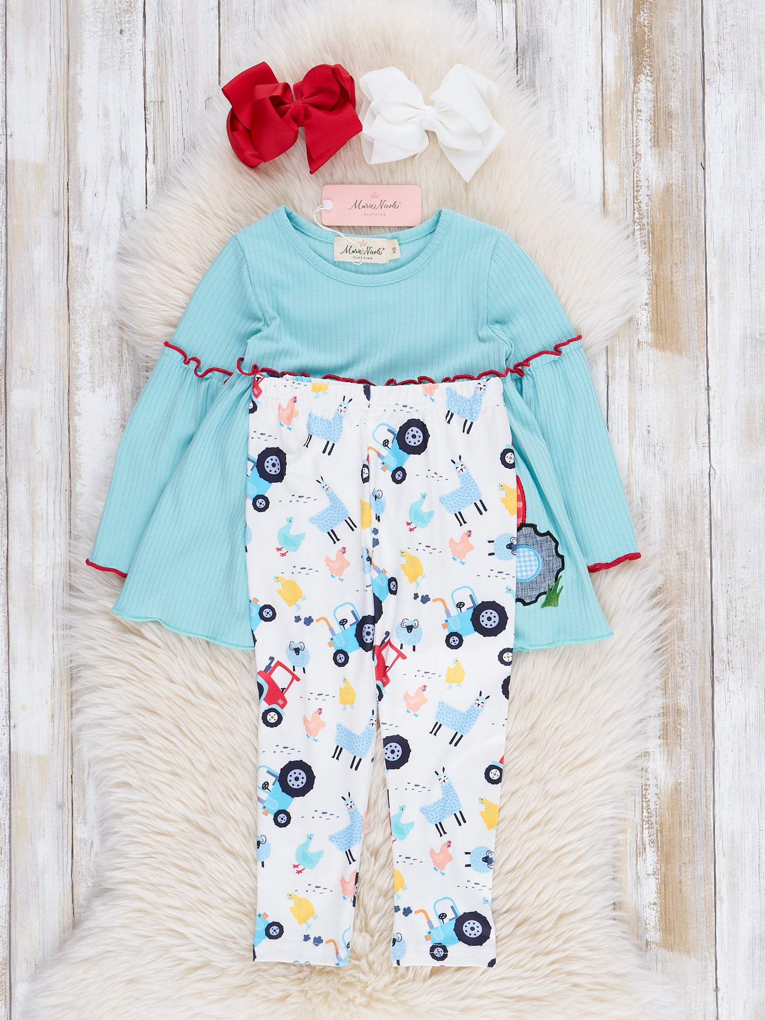 Teal Ribbed Gingham Tractor Ruffle Outfit - Marie Nicole Clothing