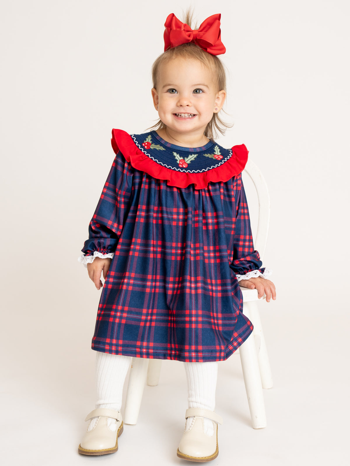 Christmas Holly Smocked Plaid Ruffle Dress - Marie Nicole Clothing