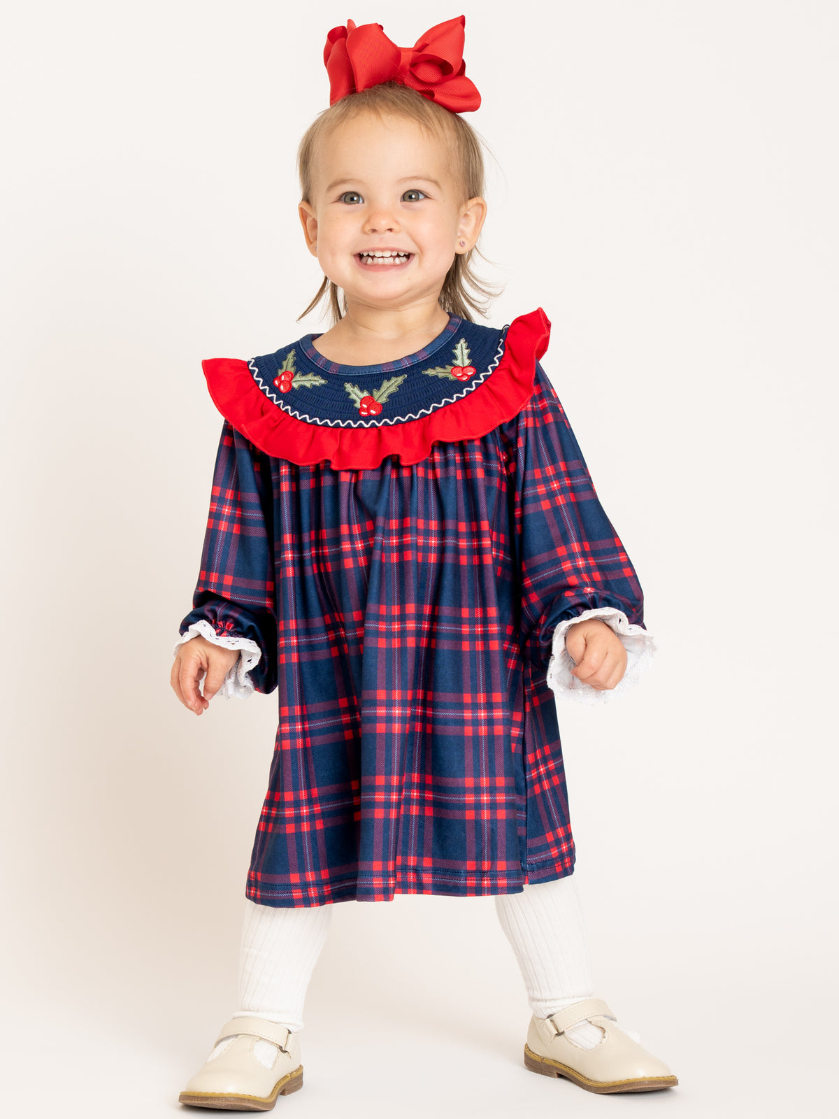 Christmas Holly Smocked Plaid Ruffle Dress - Marie Nicole Clothing