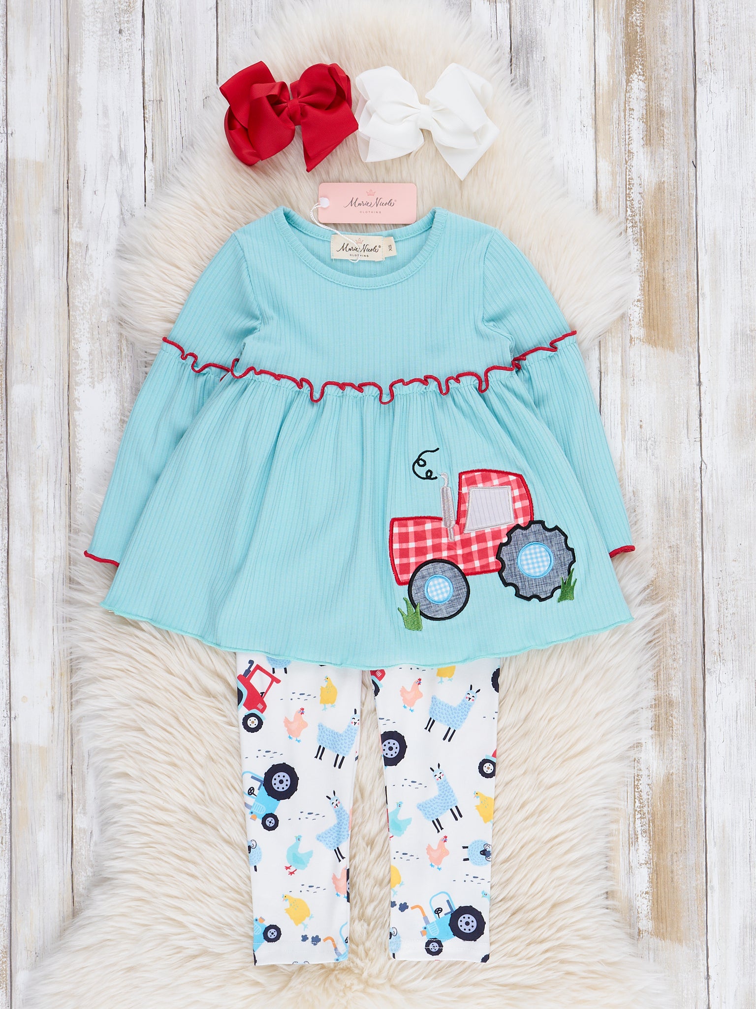Teal Ribbed Gingham Tractor Ruffle Outfit - Marie Nicole Clothing