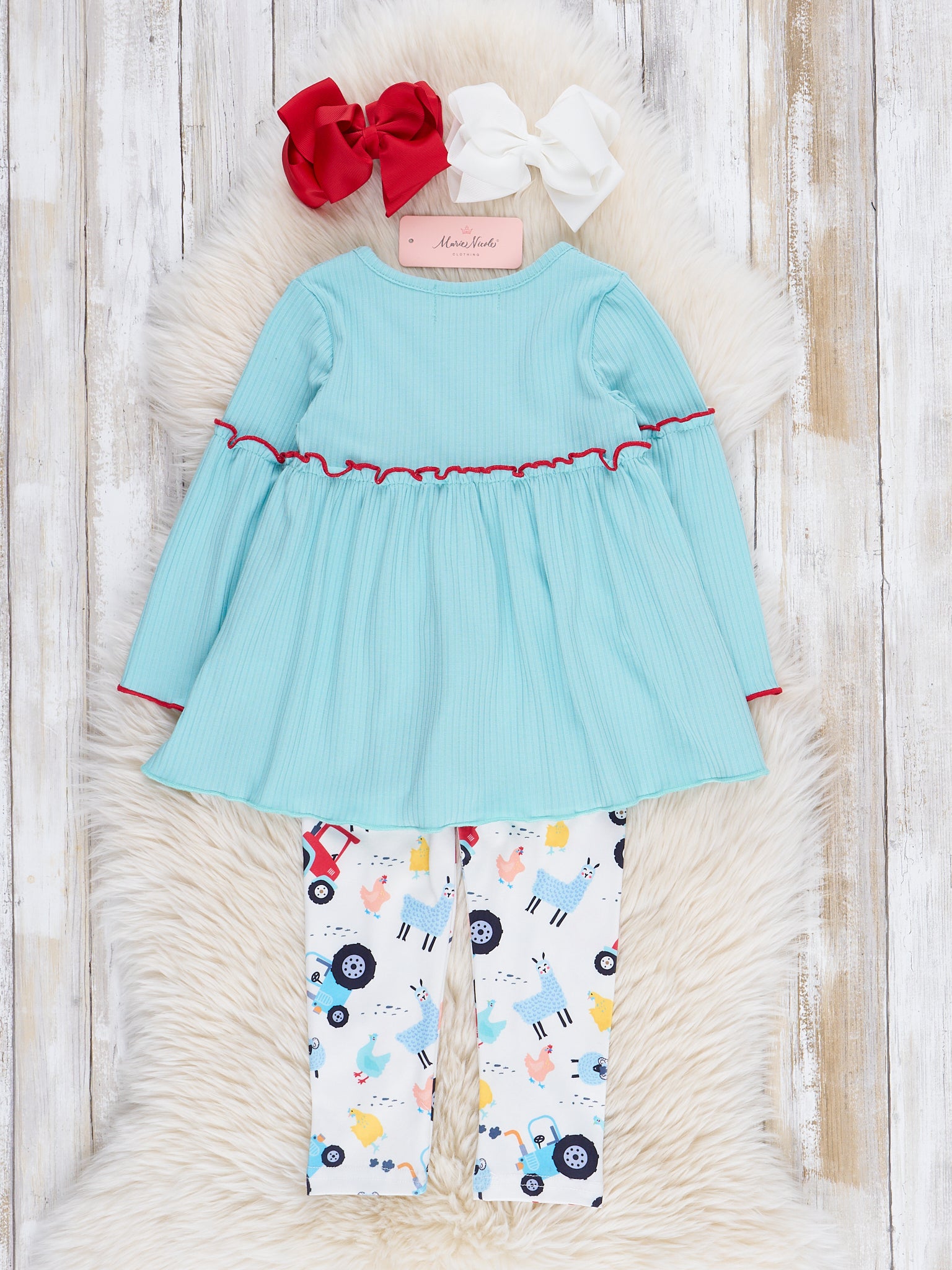Teal Ribbed Gingham Tractor Ruffle Outfit - Marie Nicole Clothing