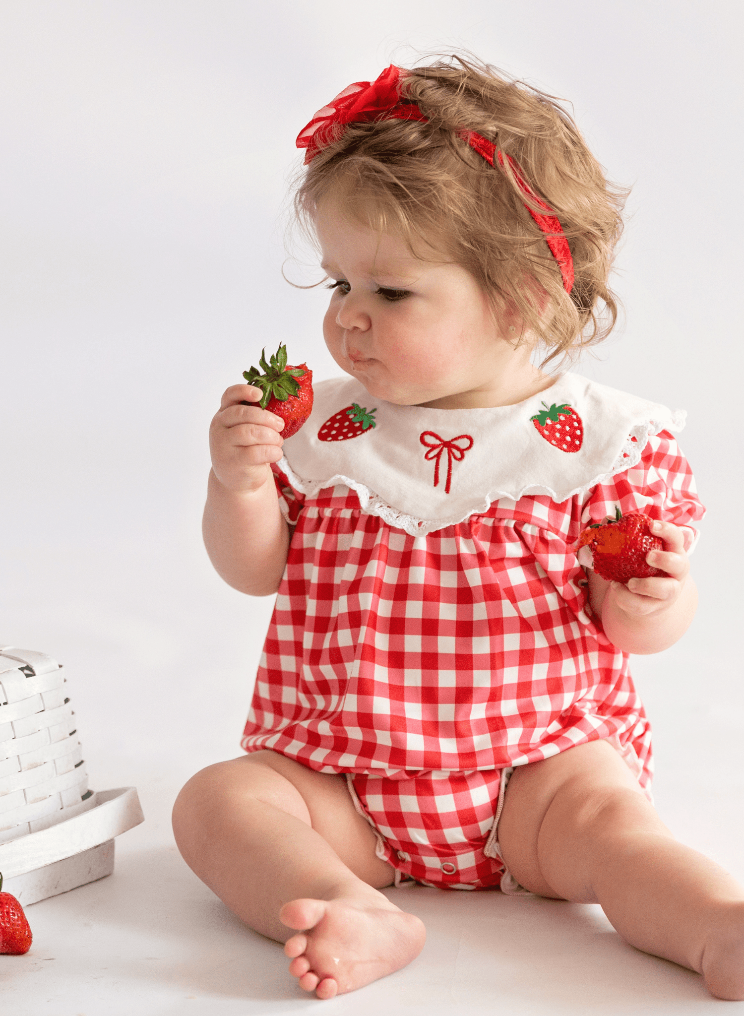 Gingham Berry Charm Embroidered Bubble Romper - Marie Nicole Clothing
