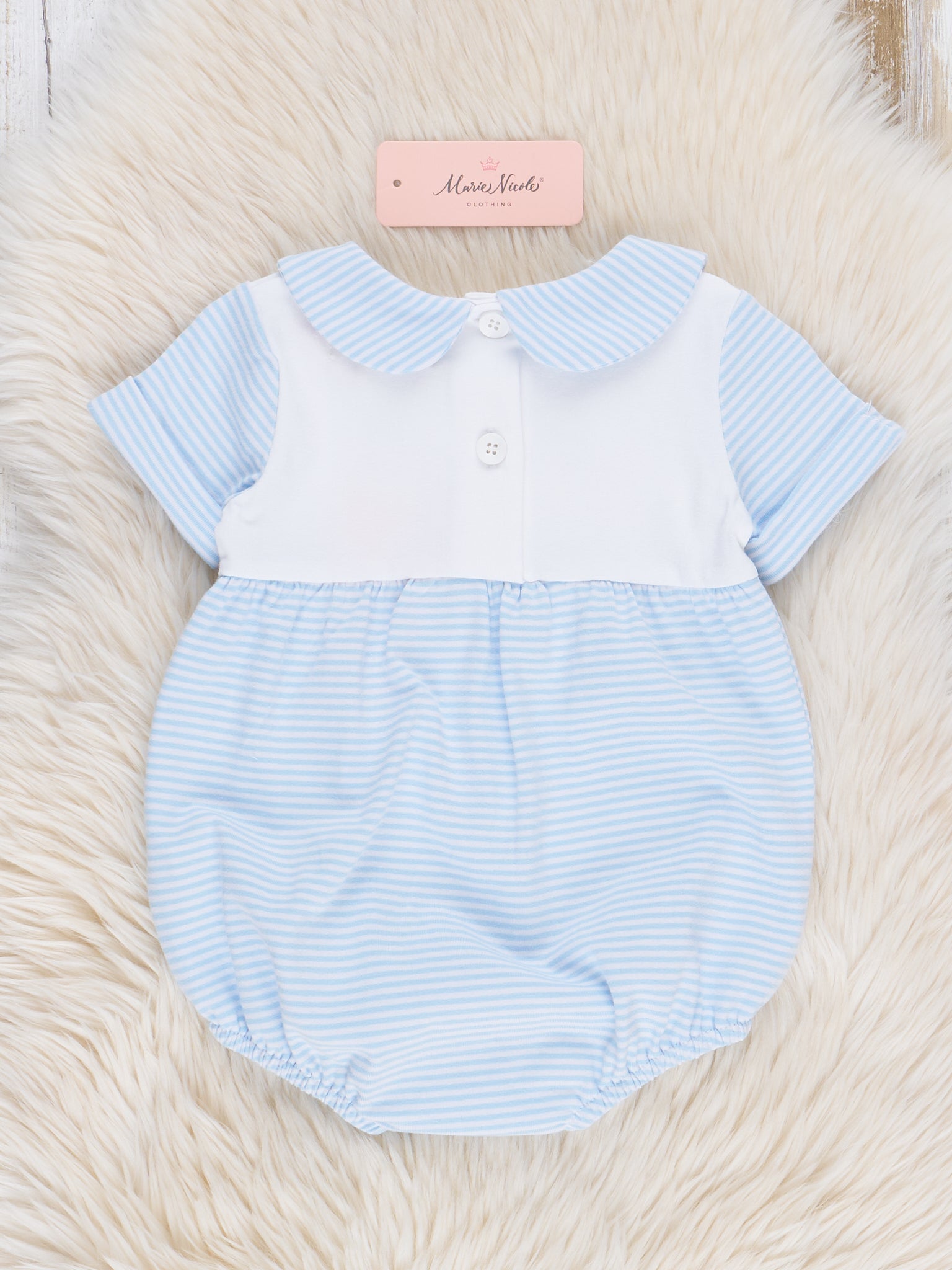 Classic Baby Blue Striped Bubble Romper - Marie Nicole Clothing
