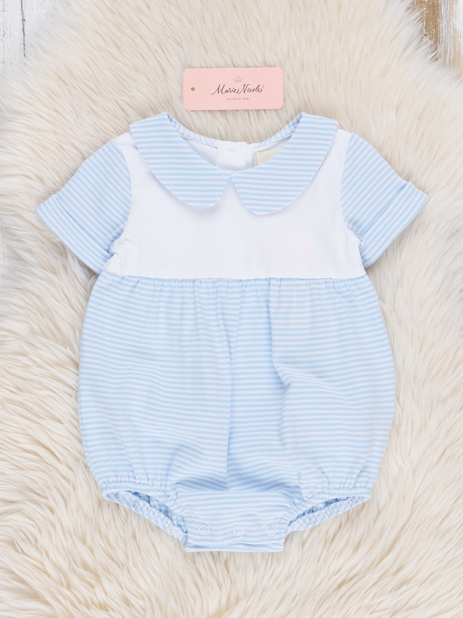 Classic Baby Blue Striped Bubble Romper - Marie Nicole Clothing