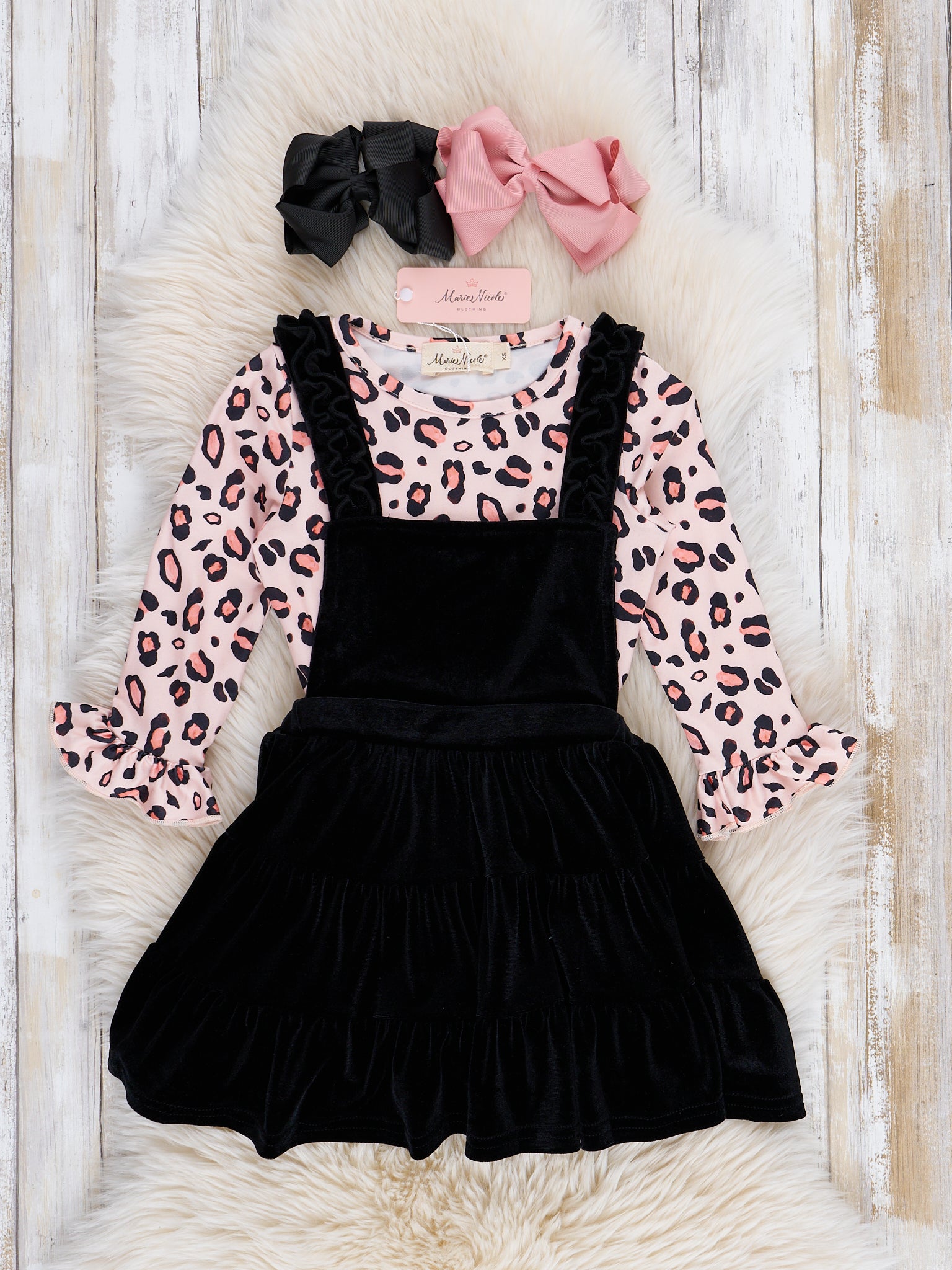 Black Velvet Leopard Ruffle Skirtall Set - Marie Nicole Clothing