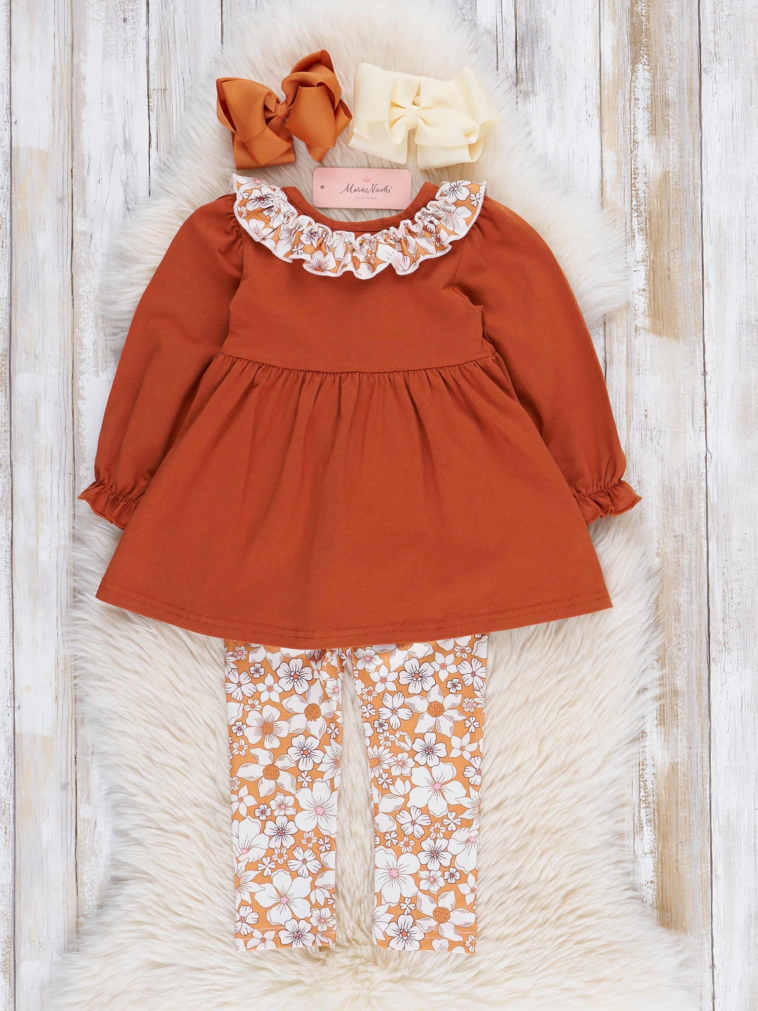 Bronze Floral Embroidered Football Ruffle Outfit - Marie Nicole Clothing