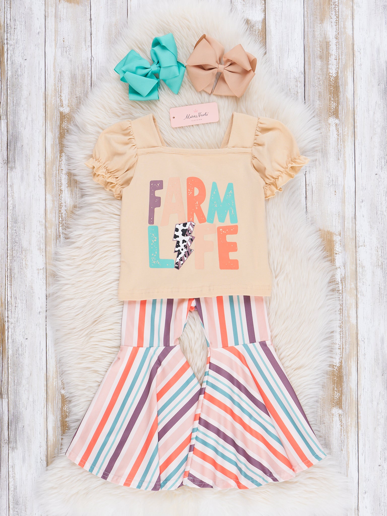 Tan Farm Life Striped Bell Bottoms Outfit - Marie Nicole Clothing