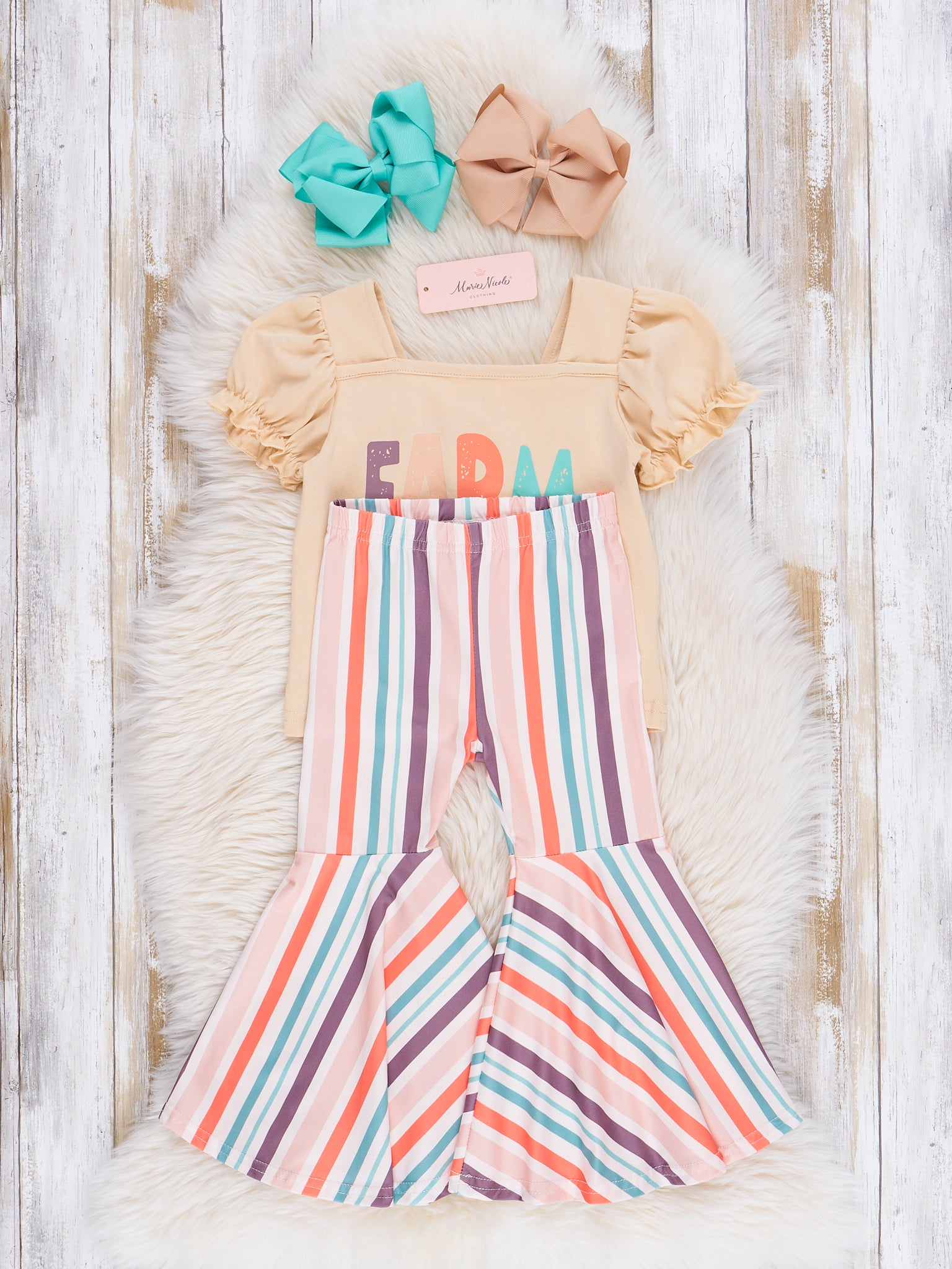 Tan Farm Life Striped Bell Bottoms Outfit - Marie Nicole Clothing
