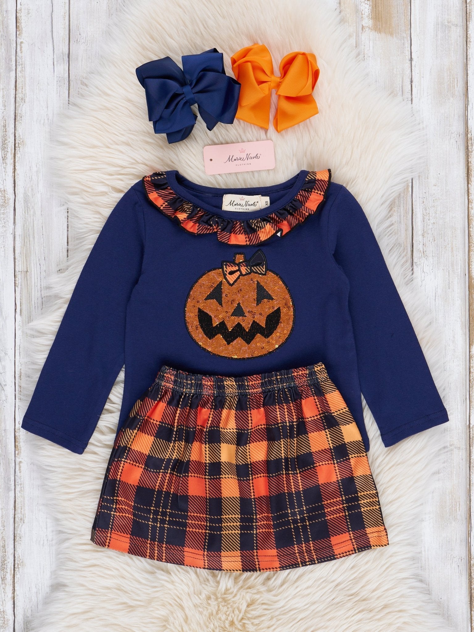 Embroidered Halloween Plaid Ruffle Outfit - Marie Nicole Clothing