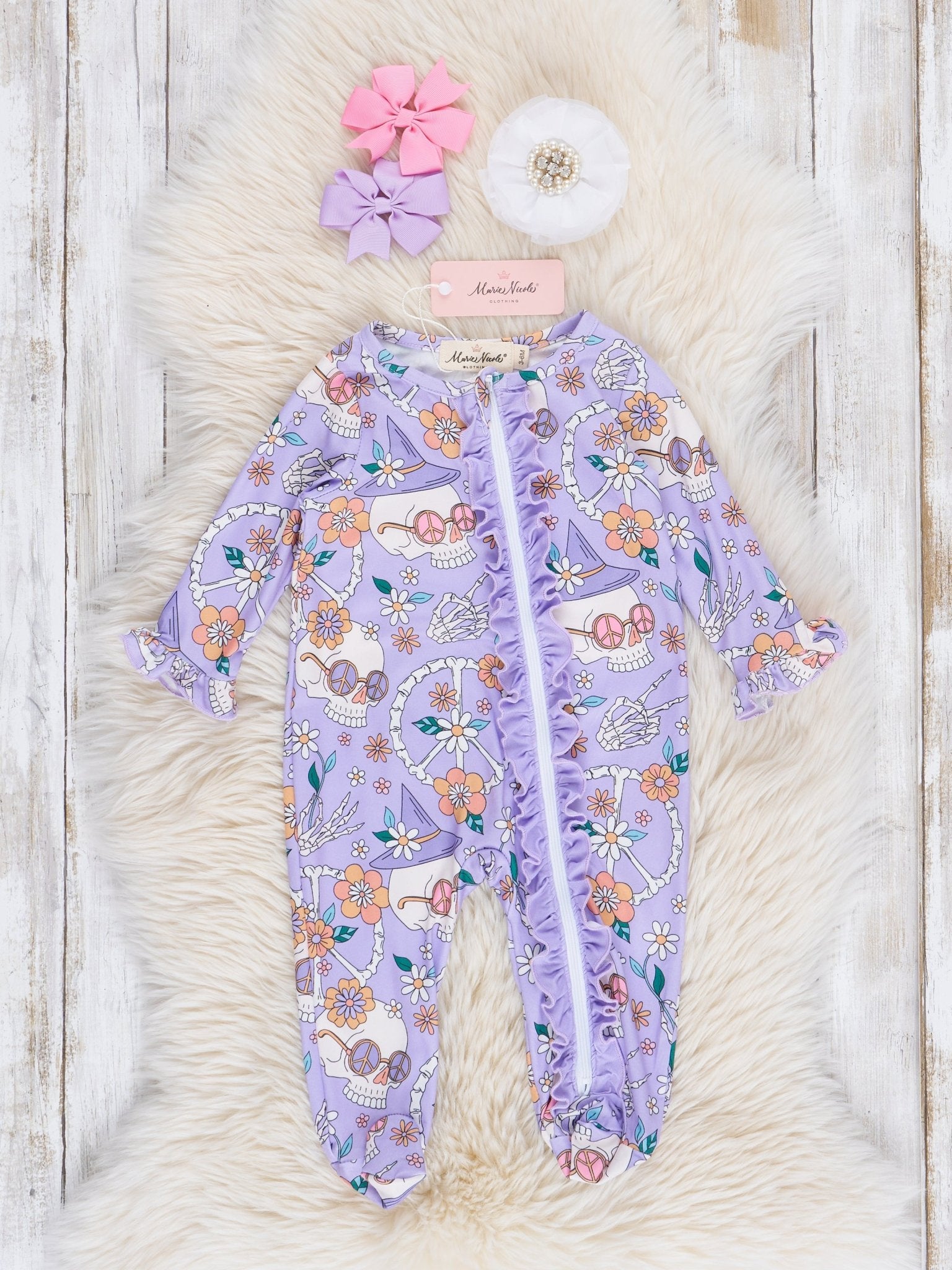 Lilac & Navy Groovy Halloween Floral Footed Sleeper Pajamas - Marie Nicole Clothing