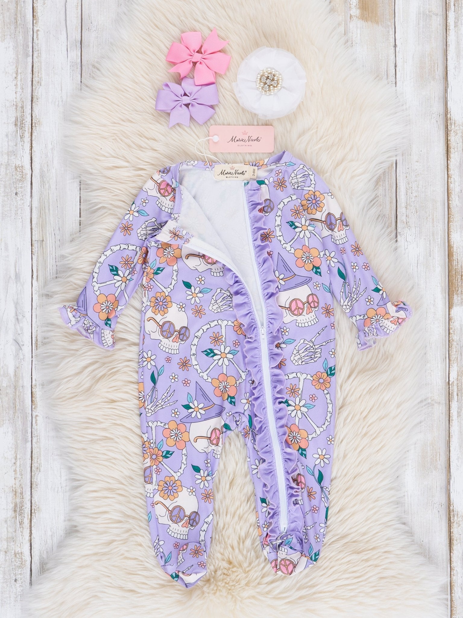 Lilac & Navy Groovy Halloween Floral Footed Sleeper Pajamas - Marie Nicole Clothing