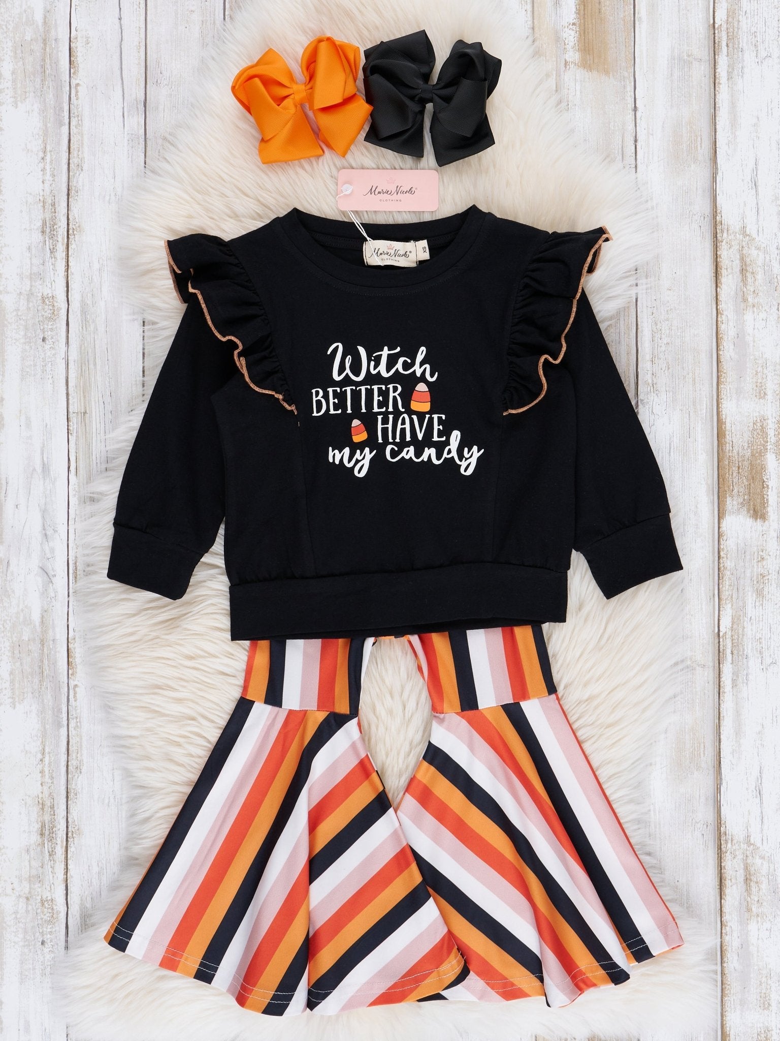 Black & Orange Halloween Candy Ruffle Bell Bottom Outfit - Marie Nicole Clothing