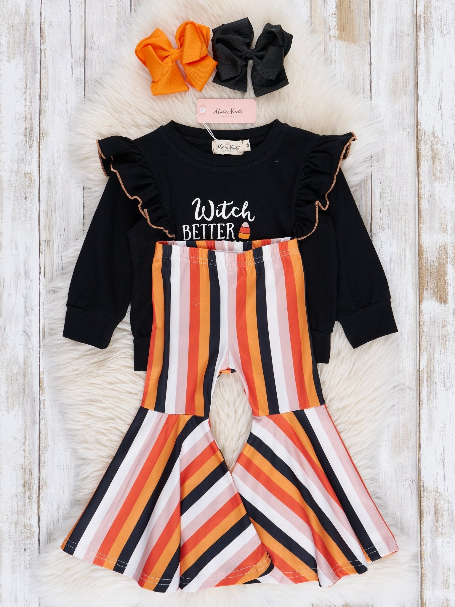 Black & Orange Halloween Candy Ruffle Bell Bottom Outfit - Marie Nicole Clothing