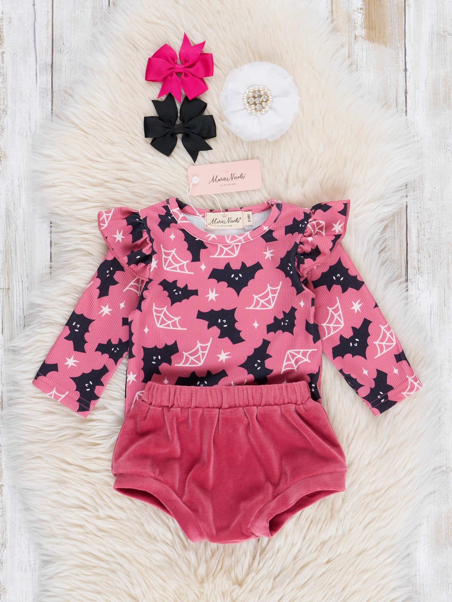 Pink Bats Velvet Bloomers Outfit - Marie Nicole Clothing